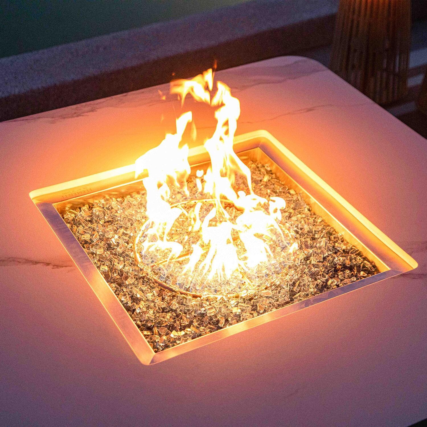 Elementi OFP101BW-NG Annecy 42-Inch Square Marble Porcelain Natural Gas Fire Pit Table - White - On - Close Up - Detail thumbnail