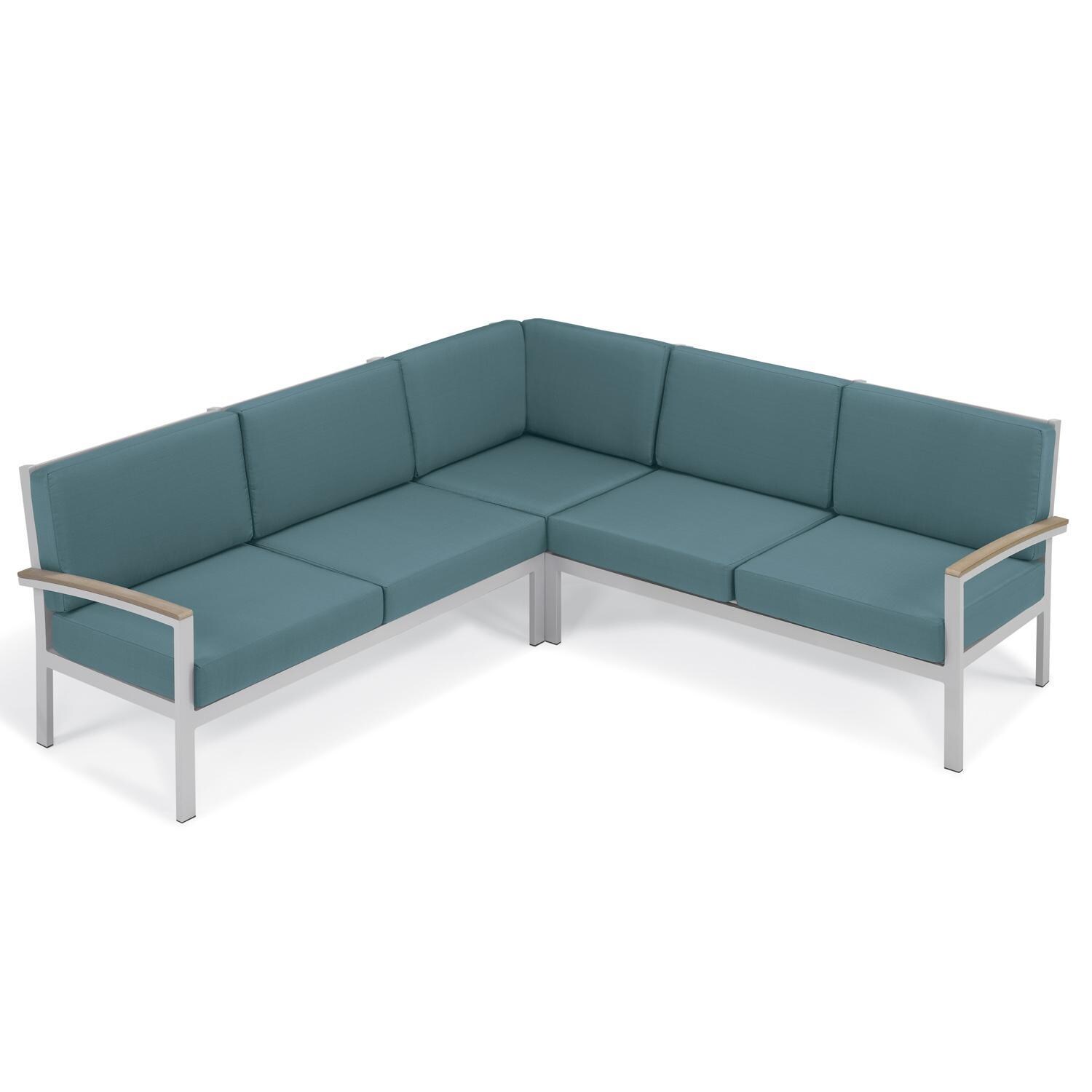 Oxford Garden Travira 2 Person Aluminum Modular Right Loveseat W/ Vintage Tekwood Arm Caps in Flint/Ice Blue - V-Shaped Sectional thumbnail