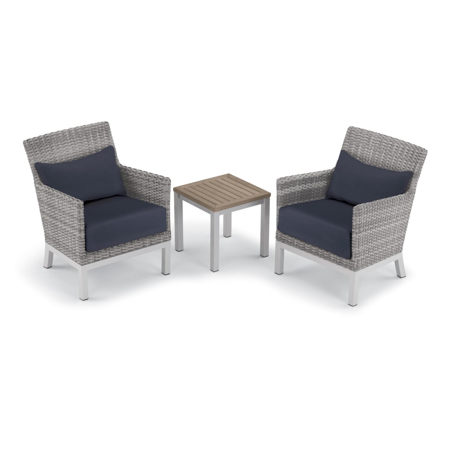 Argento 3 Piece Wicker Patio Conversation Set W/ Tekwood Vintage End Table, Midnight Blue Cushions & Lumbar Pillows By Oxford Garden