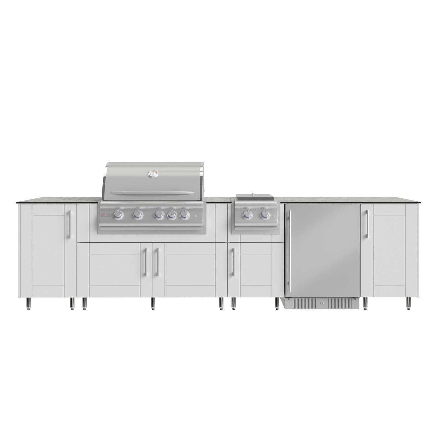 WeatherStrong Nassau 10 1/2 Ft Outdoor Kitchen Island w/ Blaze Propane Grill, Side Burner & Refrigerator in Shell White/Glacier Frost