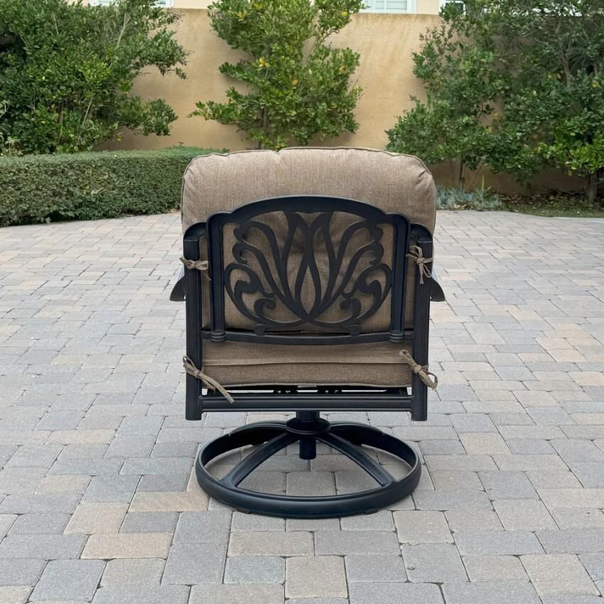 Darlee Elisabeth 2 Piece Cast Aluminum Patio Swivel Rocker Club Chair Set W/ Sesame Cushions - Single Chair Rear View - Lifestyle thumbnail