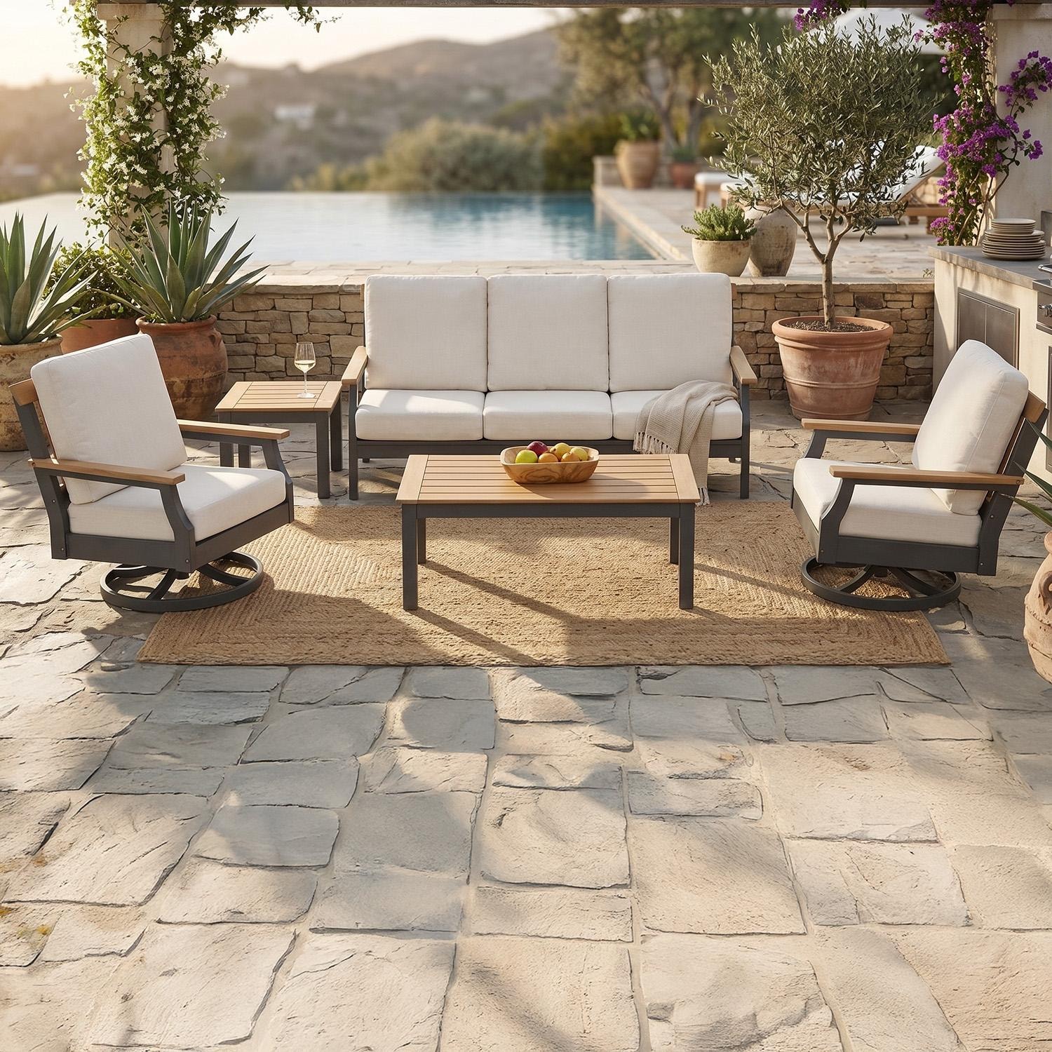 Sabine Landing 5 Pc Polyresin Seating Set w/ White Cushions by Lakeview Outdoor Designs