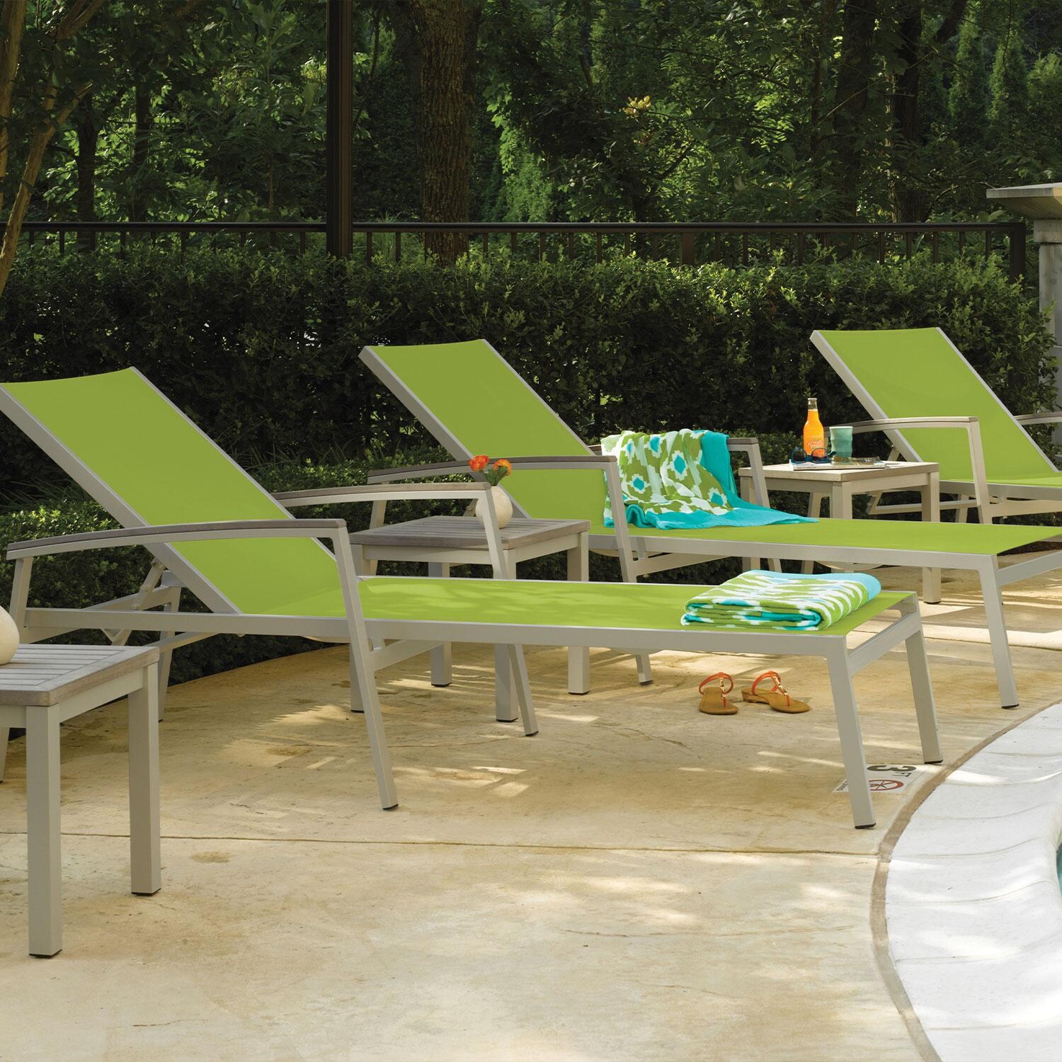Travira 8 Pc Powder-Coated Aluminum Chaise Lounge Set in Go Green/Vintage/Flint By Oxford Garden - Close Up - Lifestyle thumbnail