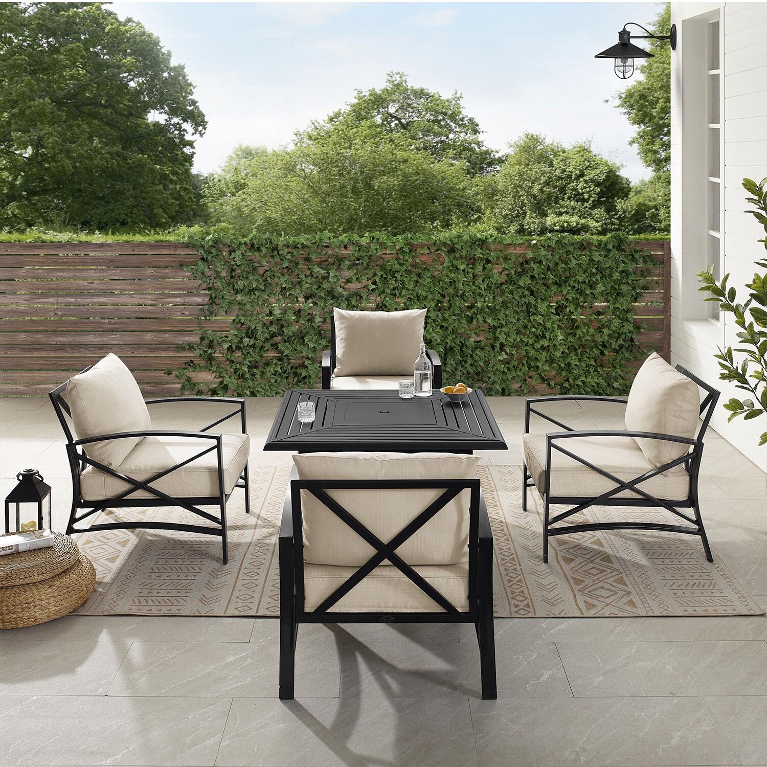 Ultimate Patio UP-82268BZ-OL 5Pc Outdoor Chair Set W/ Fire Table in Oatmeal - Front View W/ Fire Table Off - Lifestyle thumbnail