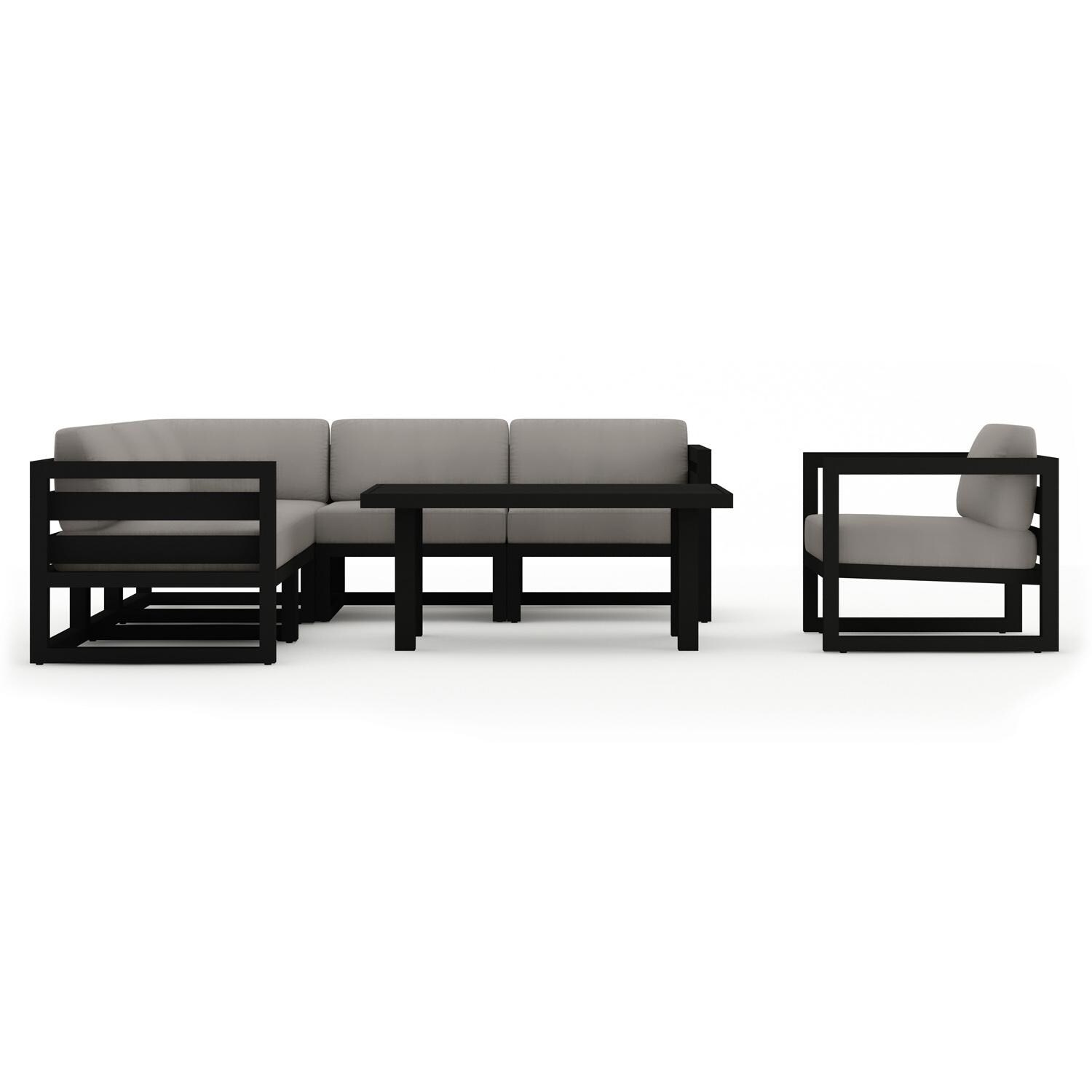 Misty Cove 7 Pc Aluminum Seating Set w/ Sectional & Classic Chat Table in Black/Canvas Charcoal by Lakeview Outdoor Designs