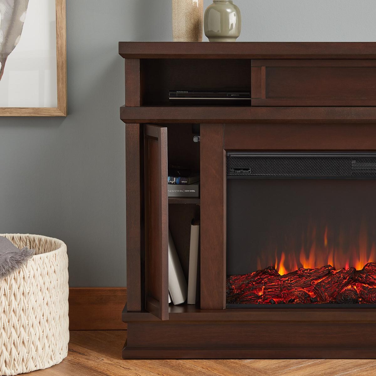 Real Flame 4020E-DW Torrey 60-Inch Electric Fireplace Mantel - Dark Walnut - Shelves thumbnail