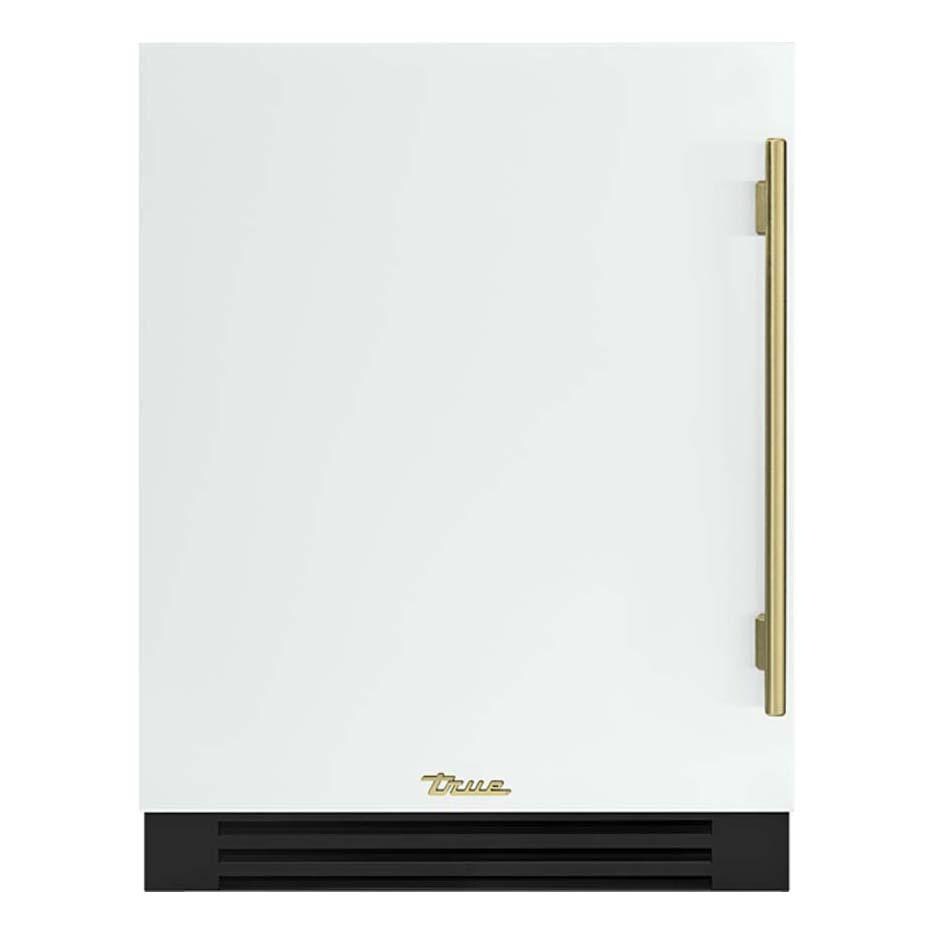 True TUWADA-24-LS-A~030-H01 ADA Height 24 Inch 40 Bottle Left Hinge Outdoor Wine Cabinet - Matte White w/ Brass Handle - White Background thumbnail