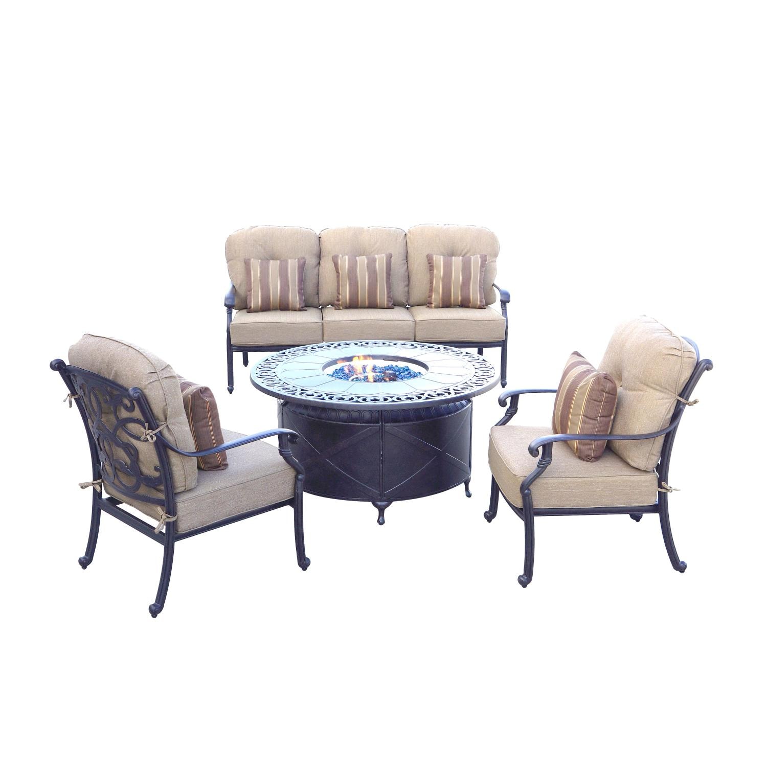 Darlee Santa Monica 4 Pc Cast Aluminum Fire Pit Seating Set w/ 47 Inch Table & Throw Pillows in Antique Bronze/Beige Canvas by - B/DL2058-4PCS-35QBSP