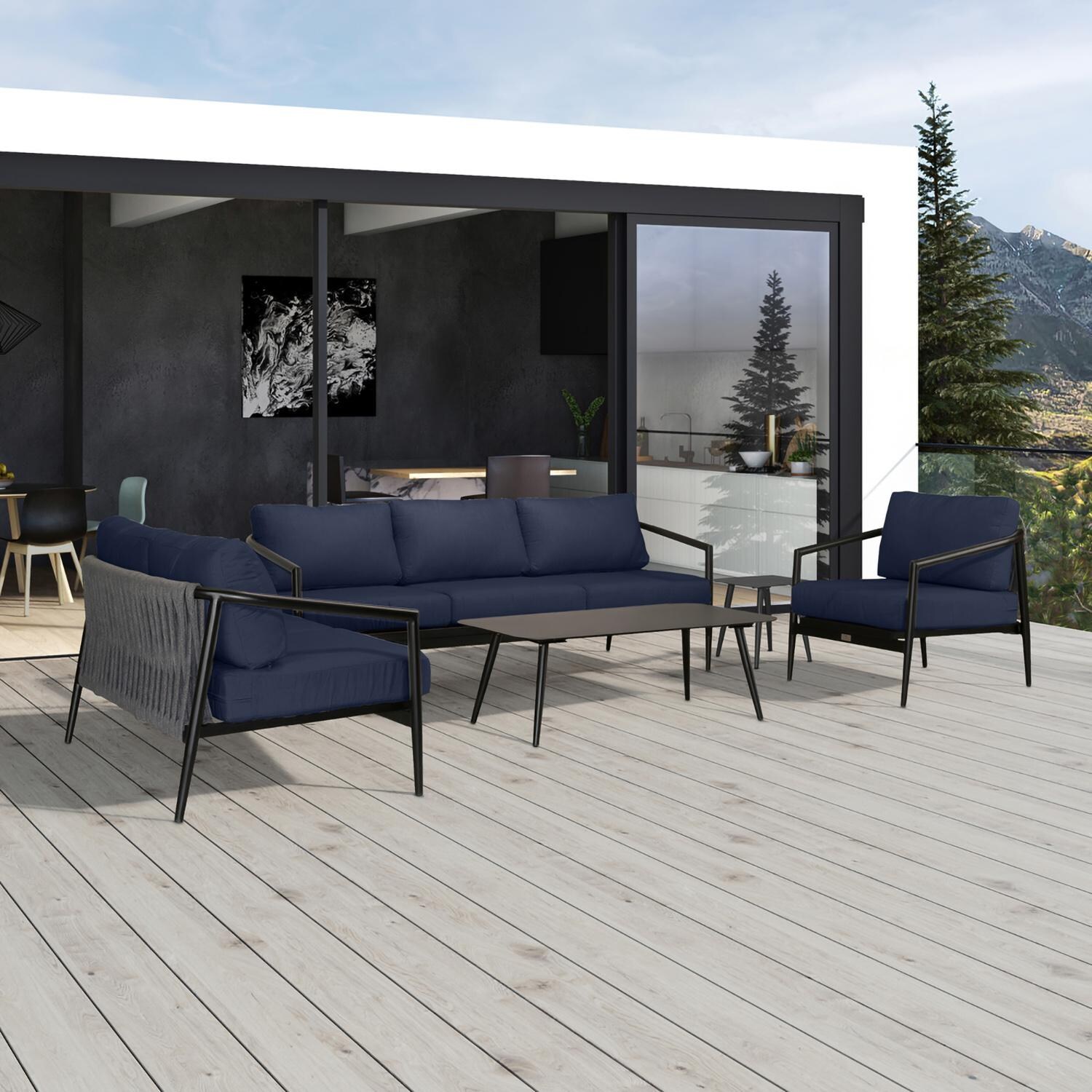 Lakeview Midnight Cove 5 Pc Aluminum Sofa Seating Set in Black/Carbon/Spectrum Indigo - Detail - Lifestyle thumbnail