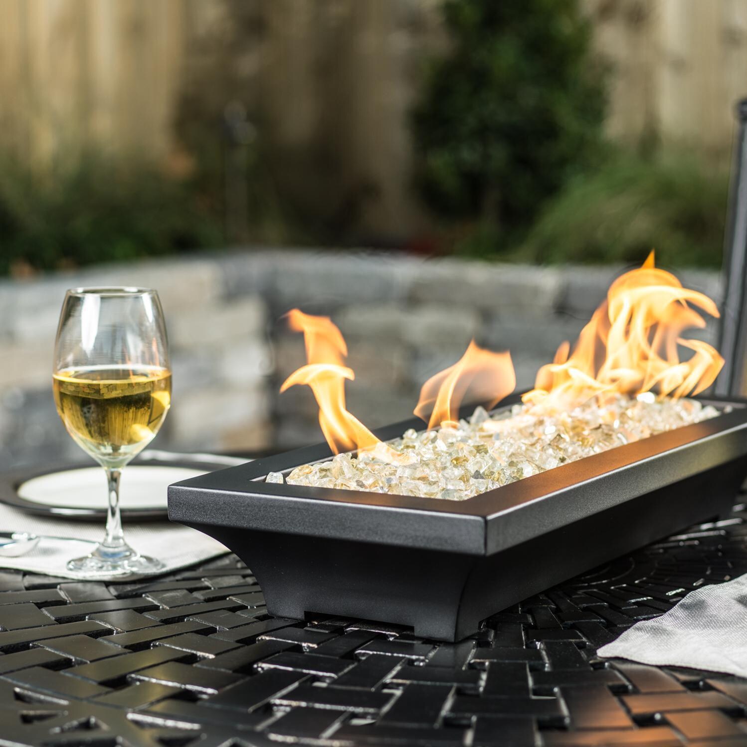 BBQGuys Signature Series Lavelle 24-Inch Table-Top Natural Gas Fire Pit - Black - Angled - Shown with 1/2 inch White Gold Reflective Fire Glass thumbnail