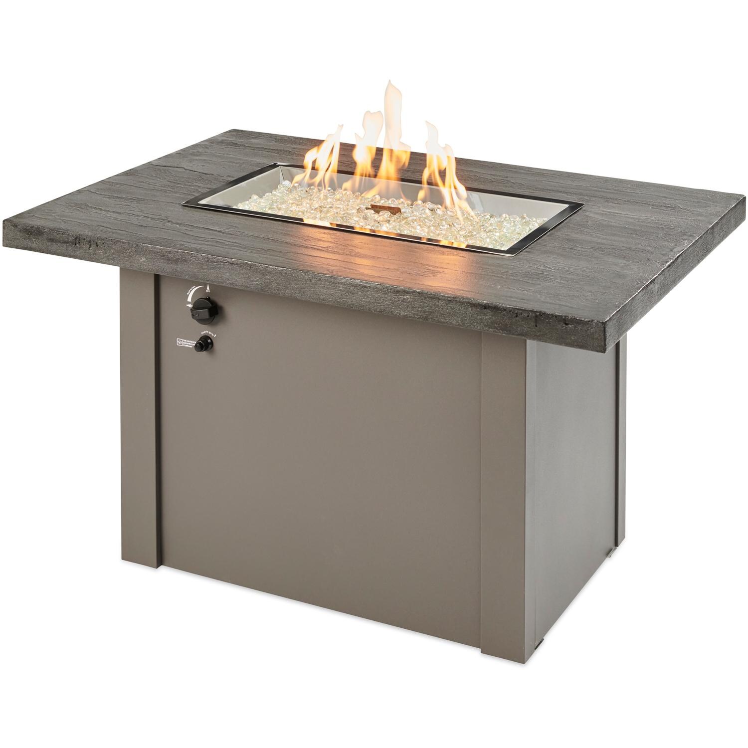 The Outdoor GreatRoom Company Havenwood HVGG-1224-K-NG 44-Inch Rectangular Natural Gas Fire Pit Table with Stone Grey Everblend Top and 24-Inch Crystal Fire Burner - Ships As Propane With Conversion Fittings - Grey - Shown With Burner Lit thumbnail