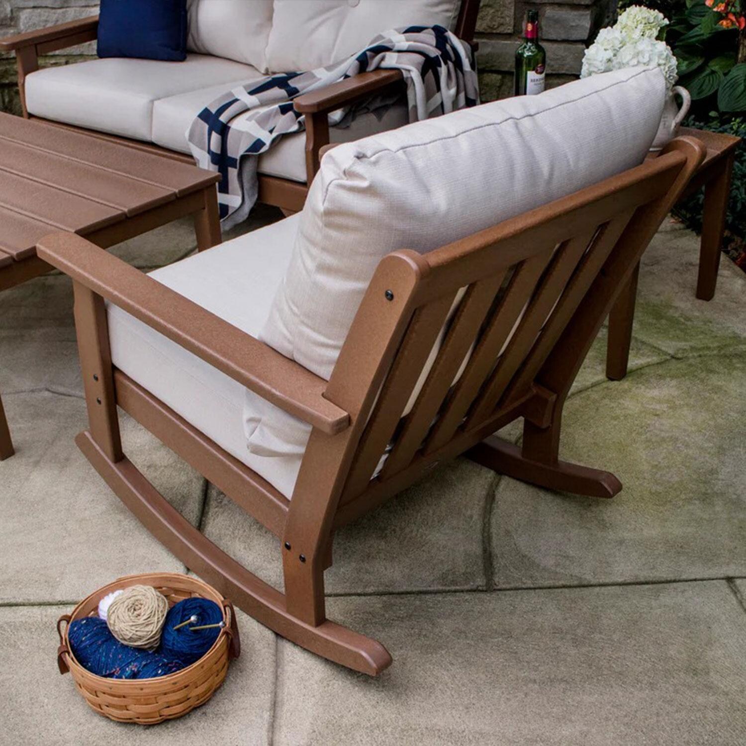 POLYWOOD Vineyard 4-Piece Deep Seating Rocker Set - Slate Grey / Natural Linen - Swivel Chair - Rear View - Shown in Teak/Natural Linen finish - Detail thumbnail