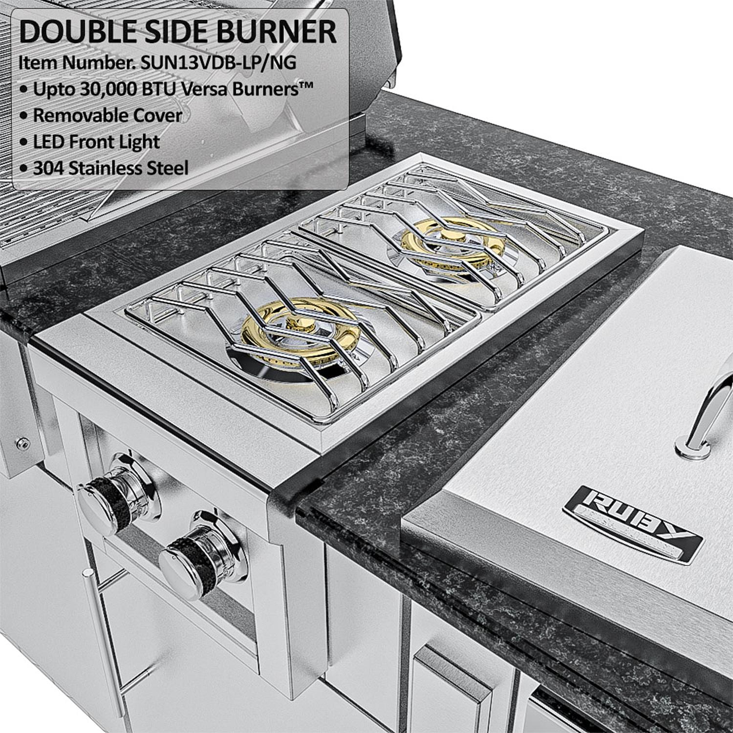 Sunstone Grills SCPHOUSTON9.8-LP Houston 9 1/2 Ft Outdoor Kitchen Island w/ Propane Grill & Side Burner, Sink, Refrigerator, Door & Drawer - Side Burner - Detail thumbnail