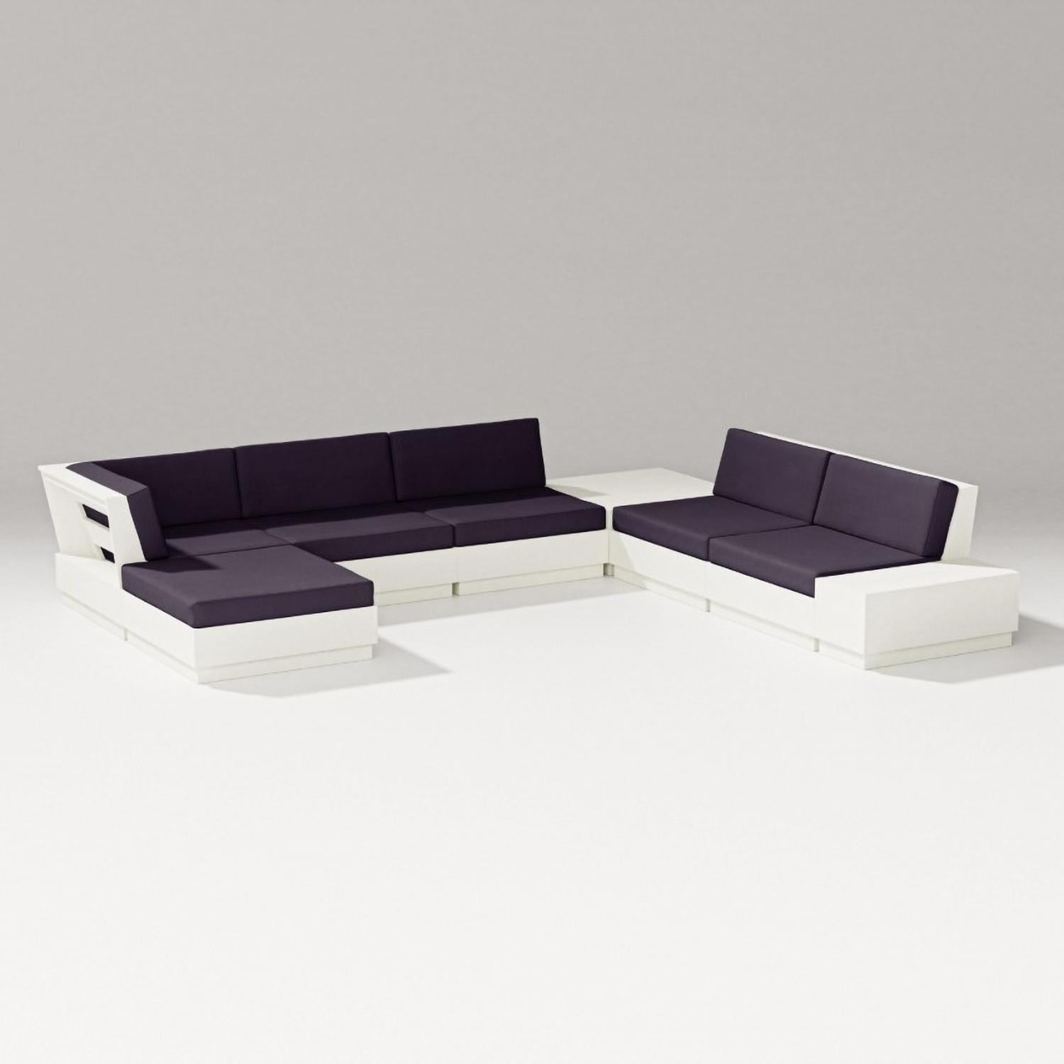 Elevate 8 Pc Recycled Plastic Sectional Seating Set in Vintage White/Navy Linen By PW Designer Series