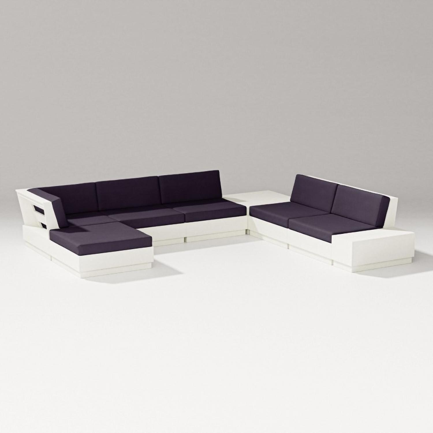 Elevate 8 Pc Recycled Plastic Sectional Seating Set in Vintage White/Navy Linen By PW Designer Series