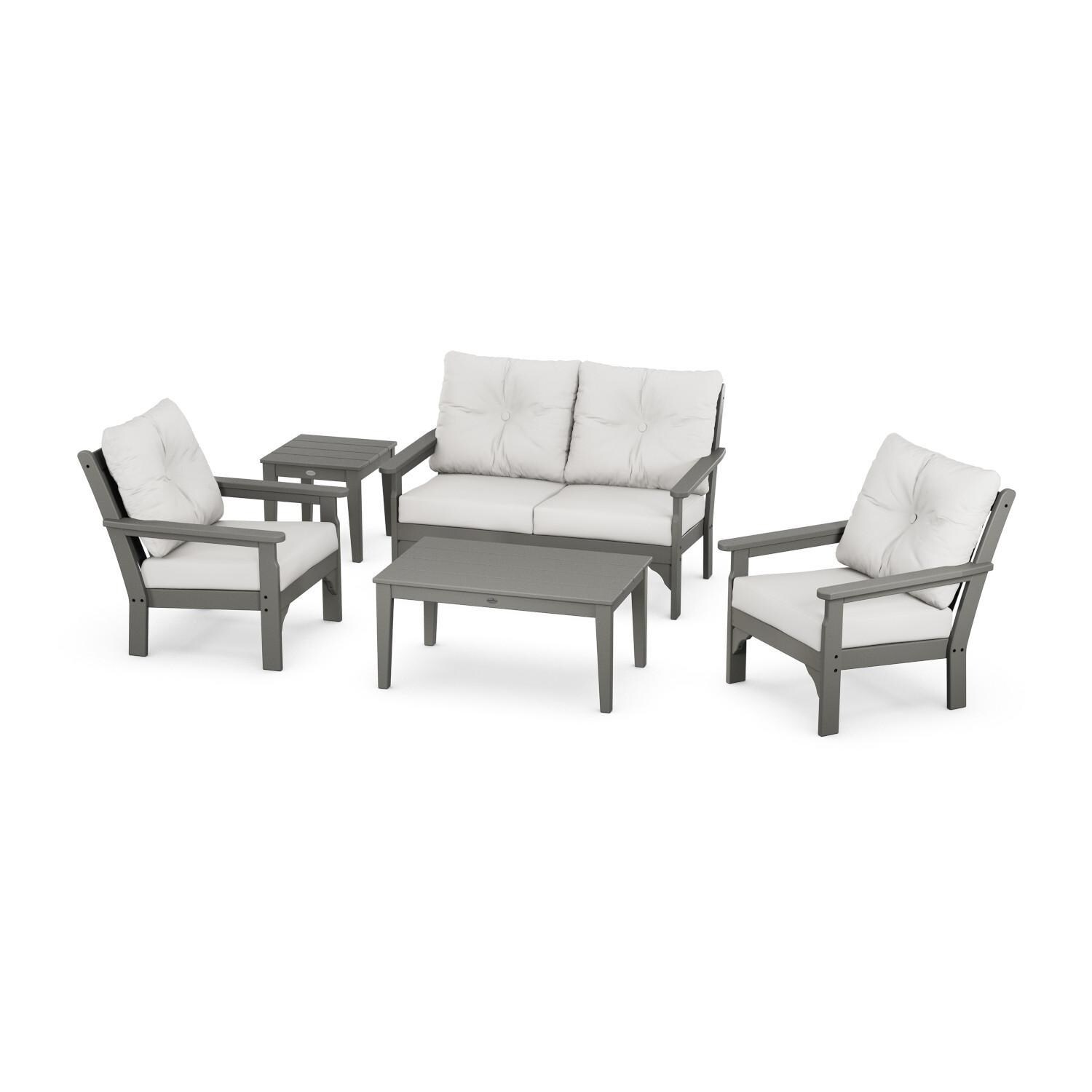 Vineyard 5 Pc Recycled Plastic Loveseat Seating Set in Slate Gray/Natural Linen by POLYWOOD