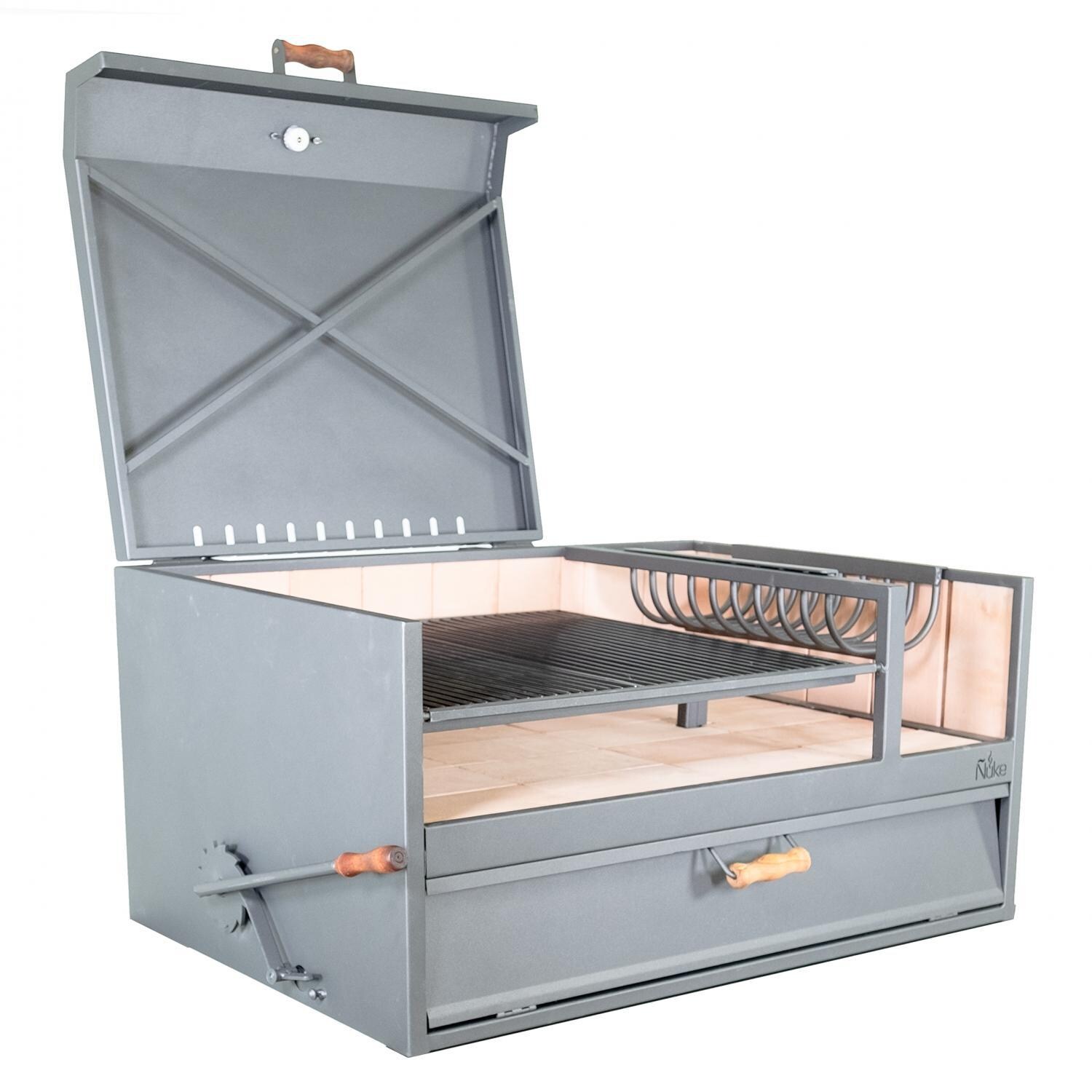 Nuke DELTACT02 47-Inch Argentinian-Style Countertop Gaucho Grill - Side View With Lowered Cooking Grate thumbnail