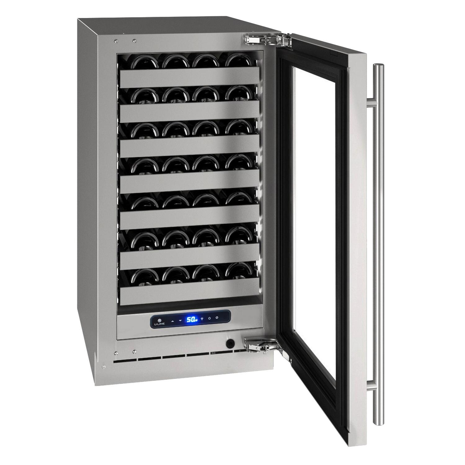 U-Line UHWC518-SG41A  5 Class 18-Inch 35 Bottle Right Hinge Wine Refrigerator With Lock - Stainless Steel - Open Stocked View thumbnail