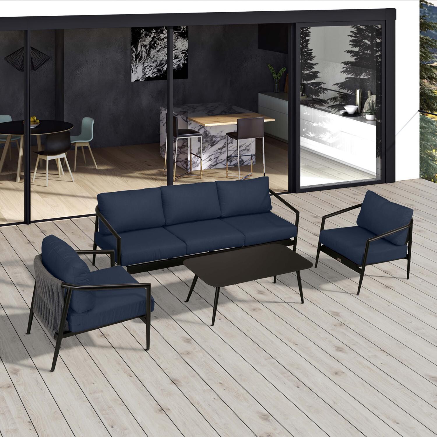 Lakeview Midnight Cove 4 Pc Aluminum Sofa Seating Set in Black/Carbon/Spectrum Indigo - Top - Lifestyle thumbnail