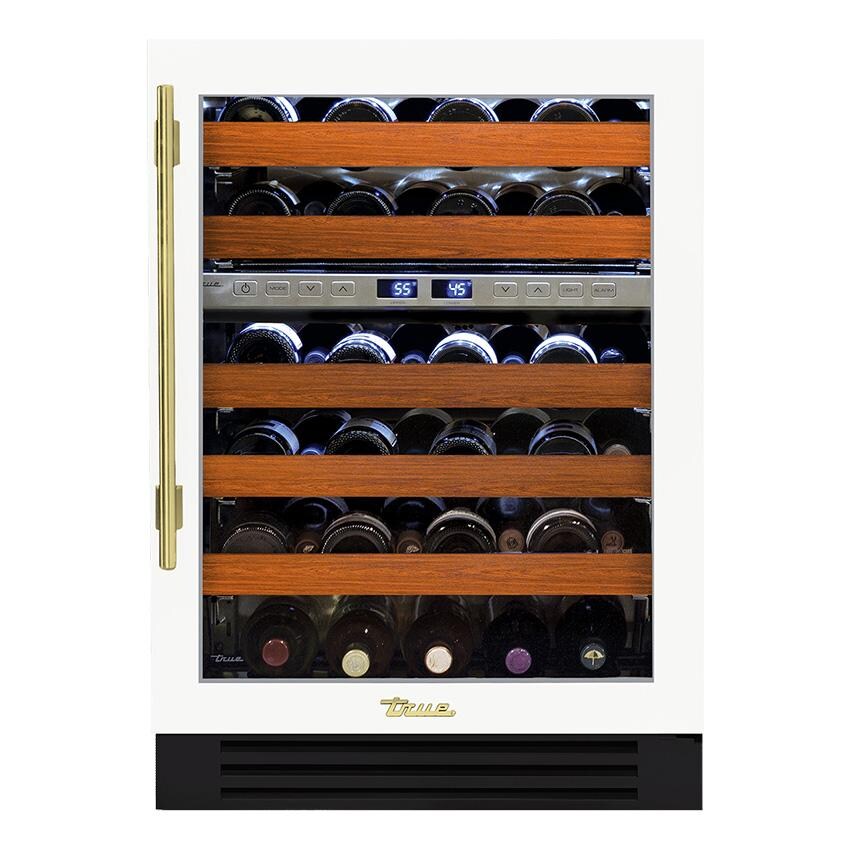 True 24 Inch 45 Bottle Right Hinge Glass Door Outdoor Wine Cabinet - Matte White w/ Brass Handle - TWC-24-R-OG-C~DSK-030-H01