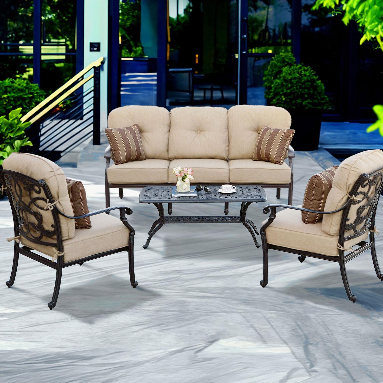 Darlee Santa Monica 4 Pc Cast Aluminum Seating Set w/ 42 X 21 Inch Series 80 Table & Throw Pillows in Antique Bronze/Beige Canvas by