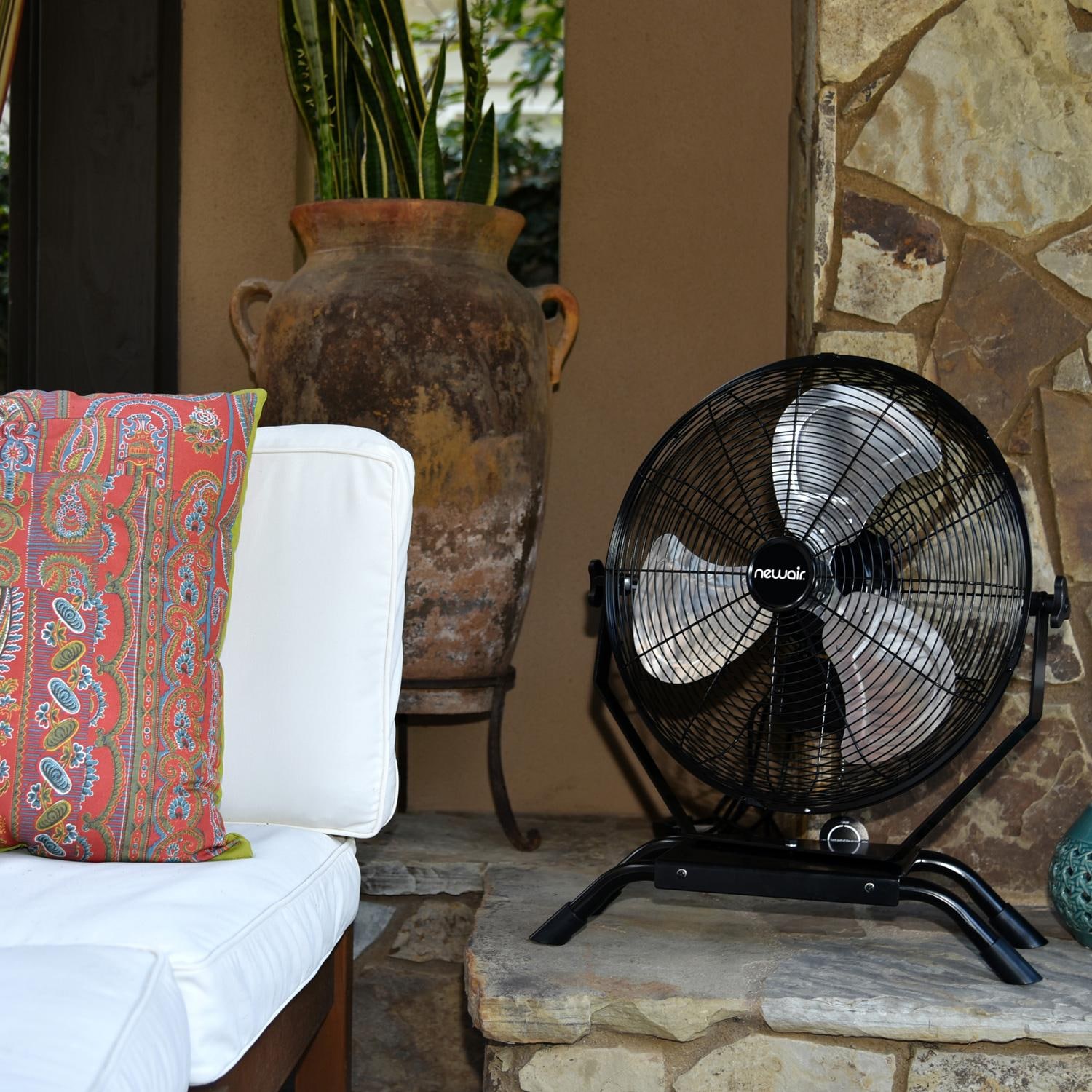 NewAir NIF18CBK00 18-in 2-in-1 High Velocity Wall/ Floor Mount Fan w/ 3 Fan Speeds & Adjustable Tilt Head - On Patio Up Close - Lifestyle thumbnail