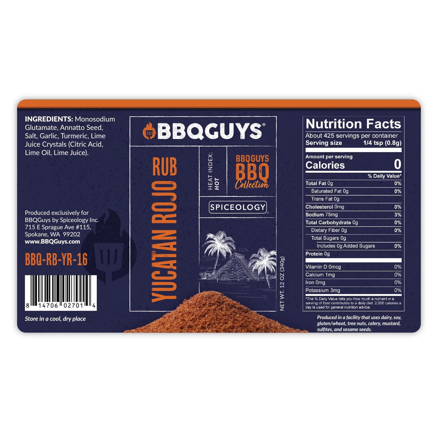BBQGuys Signature x Spiceology West Coast, Texas, Yucatan Rojo, & Habanero Honeybee Rub Variety Pack - Yucatan Rojo Rub Nutrition Label thumbnail