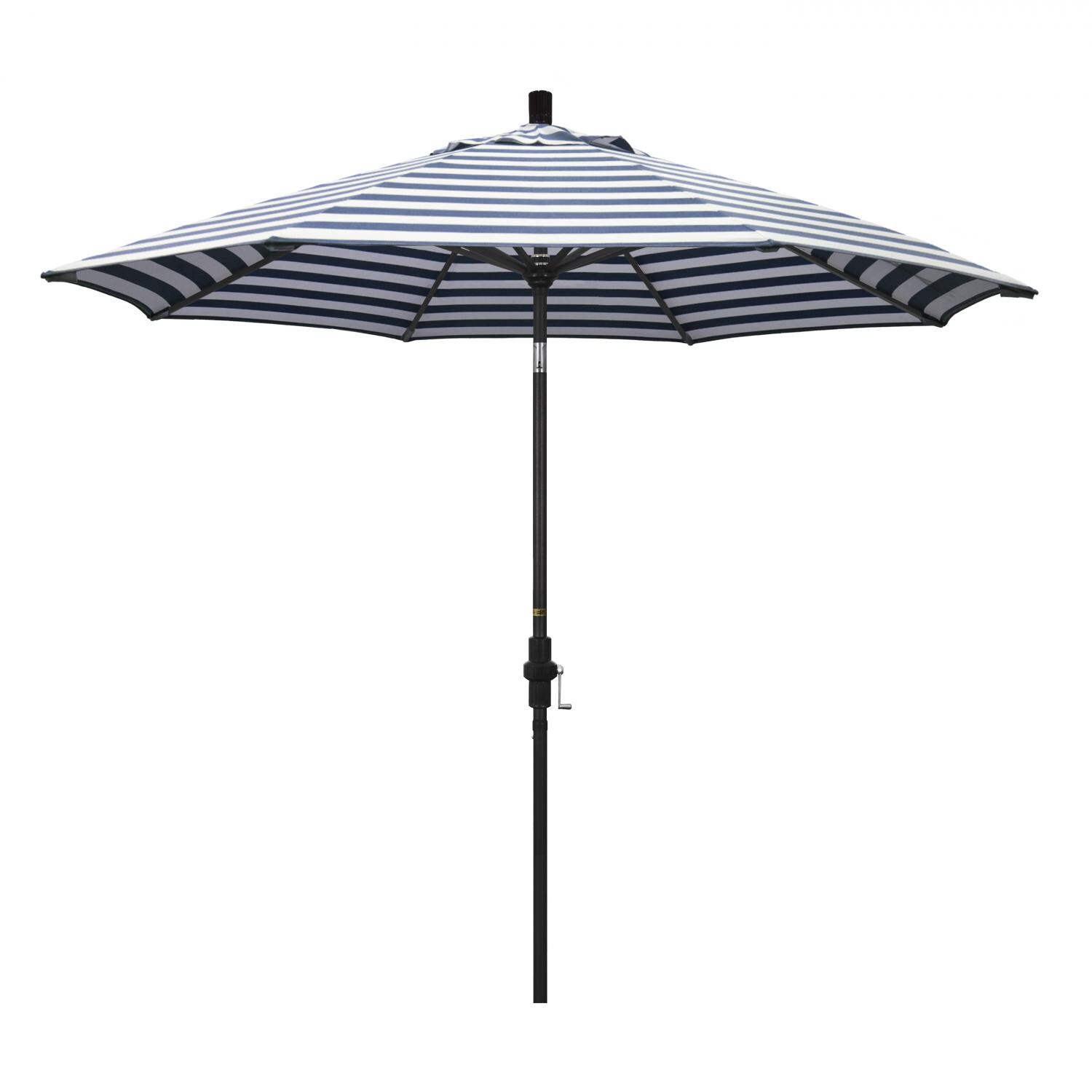 California Umbrella Golden State Series 9 Ft Octagonal Aluminum Collar Tilt Patio Umbrella W/ Crank Lift - Stone Black Frame / Olefin Navy White Cabana Stripe Canopy