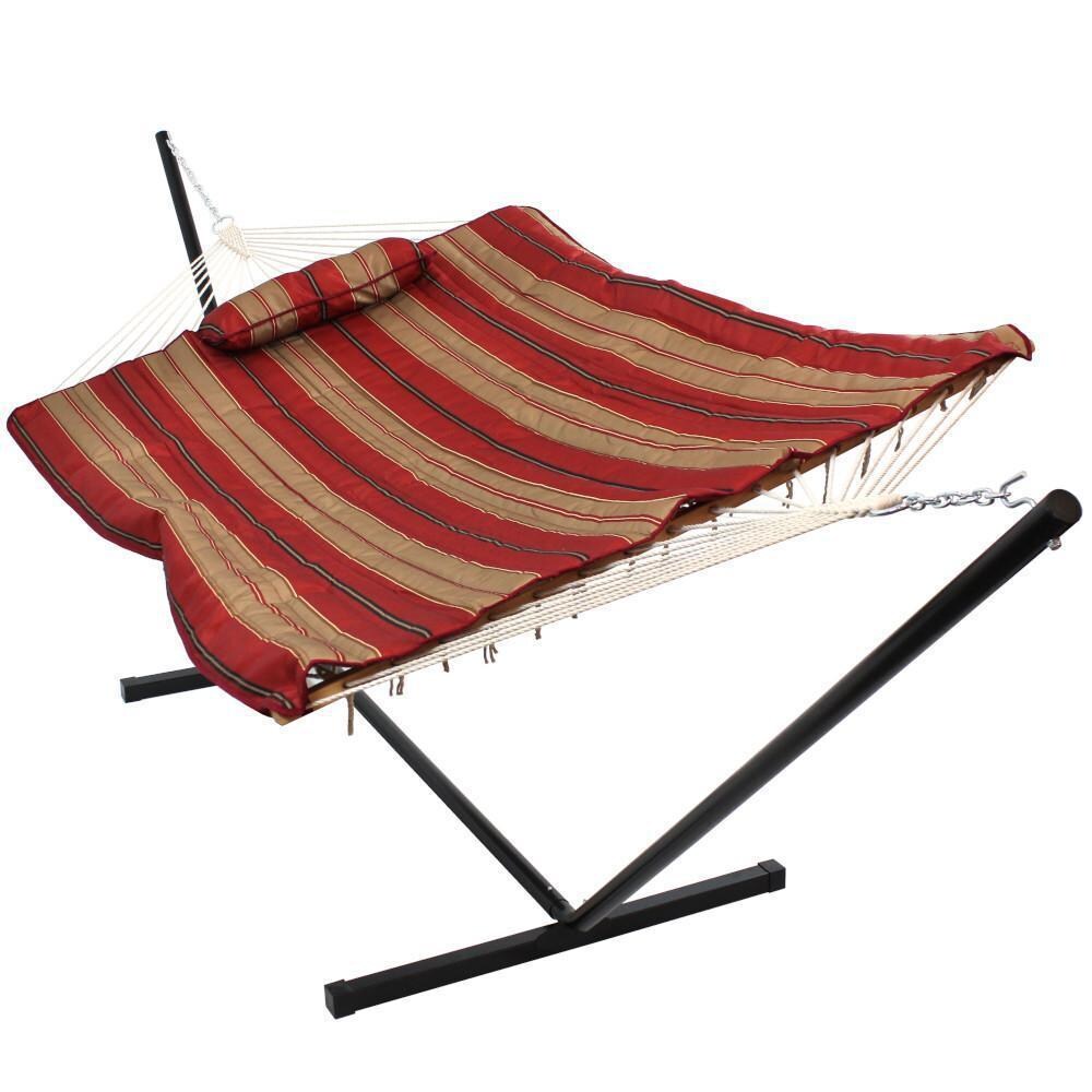 Ultimate Patio Rope Hammock w/ 12-Foot Stand, Pad, & Pillow - Awning Stripe - White Background thumbnail