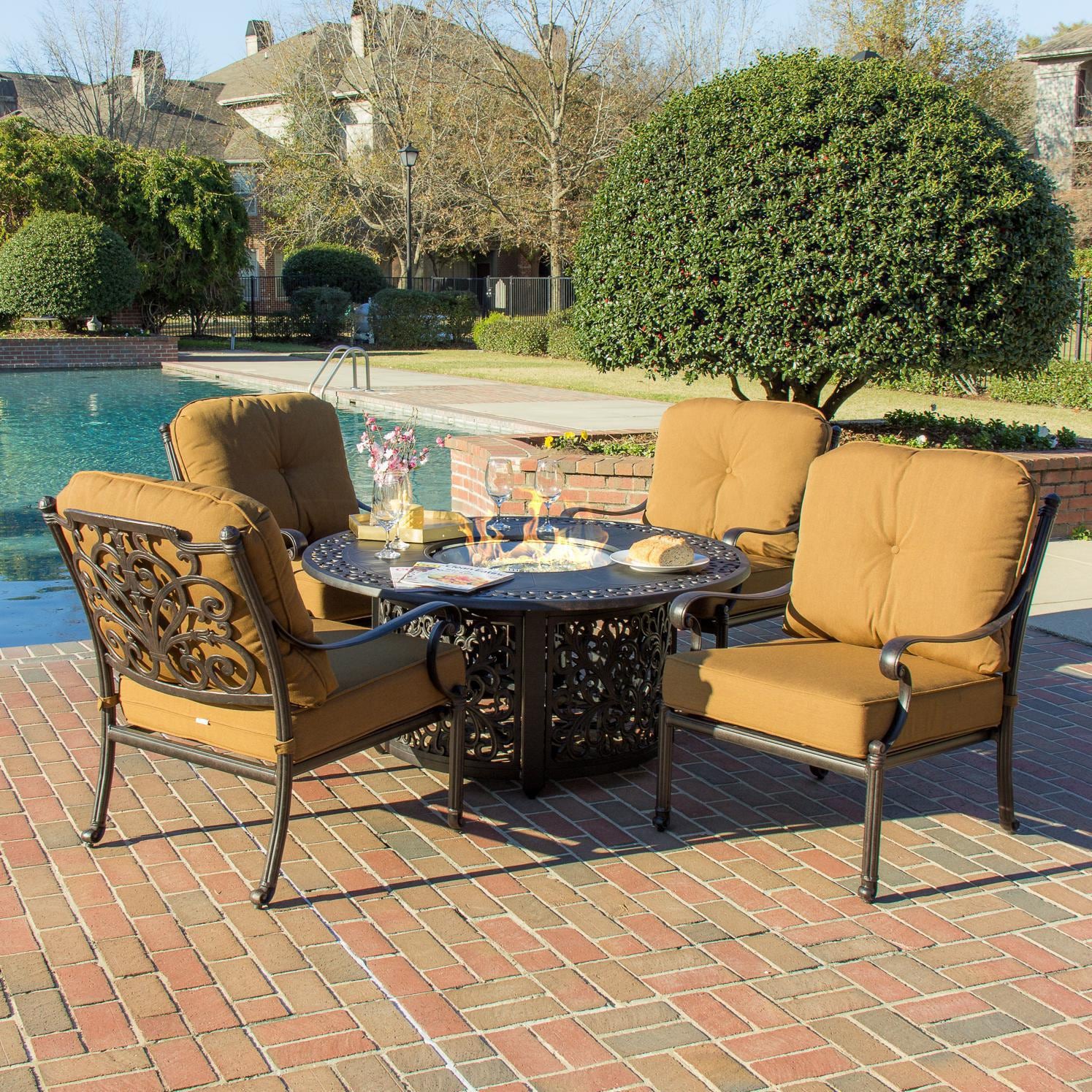 Canvas Round Teak Patio Table Ideas Lakeview Outdoor Designs Evangeline 5 Piece Cast Aluminum Patio Deep Seating With Fire Pit