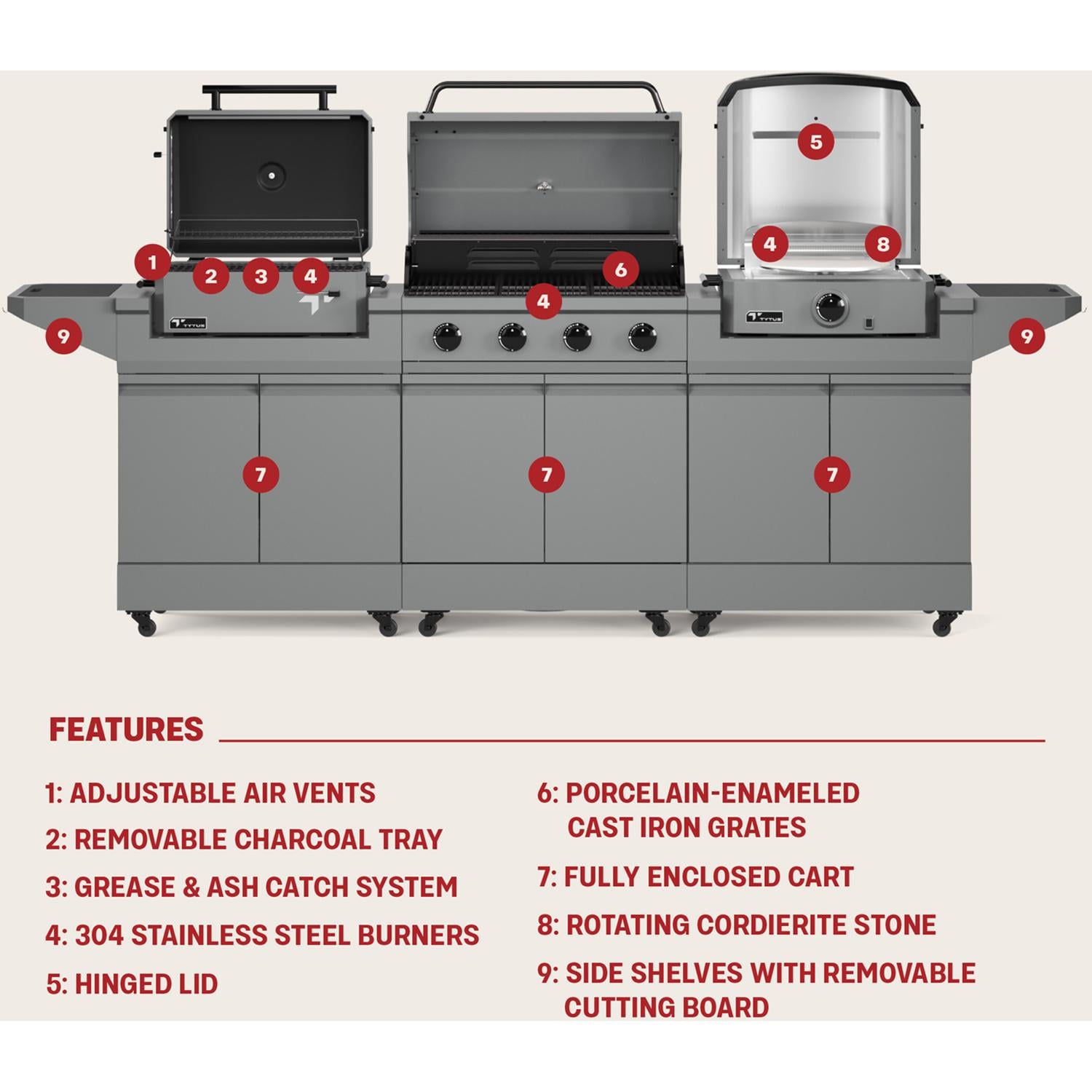 TYTUS TDT-BUN-065 Modular Trio w/ 4-Burner Gas Grill, Charcoal Grill & Gas Pizza Oven - Overall Features - Detail thumbnail