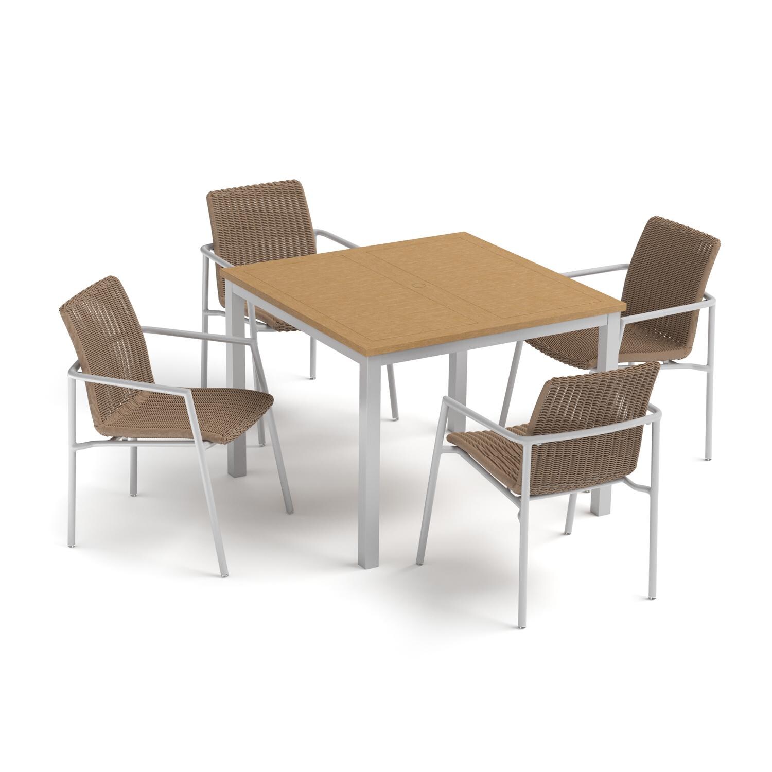 Oxford Garden Orso 5 Pc Wicker & Aluminum Arm Chair Dining Set W/ Natural Tekwood Table Top in Flint/Sand - Top View thumbnail