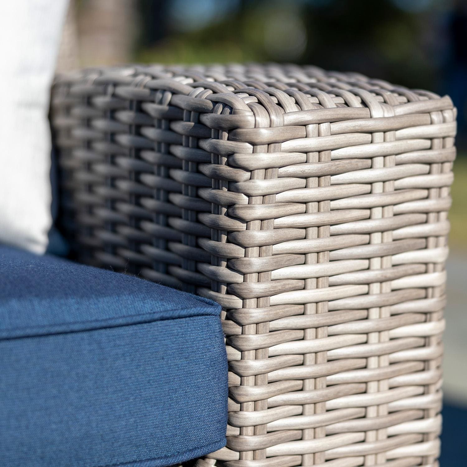 Palma Luxe 4 Pc Wicker Seating Set in Oyster / Spectrum Indigo - Chair Arm Zoomed In - Detail thumbnail