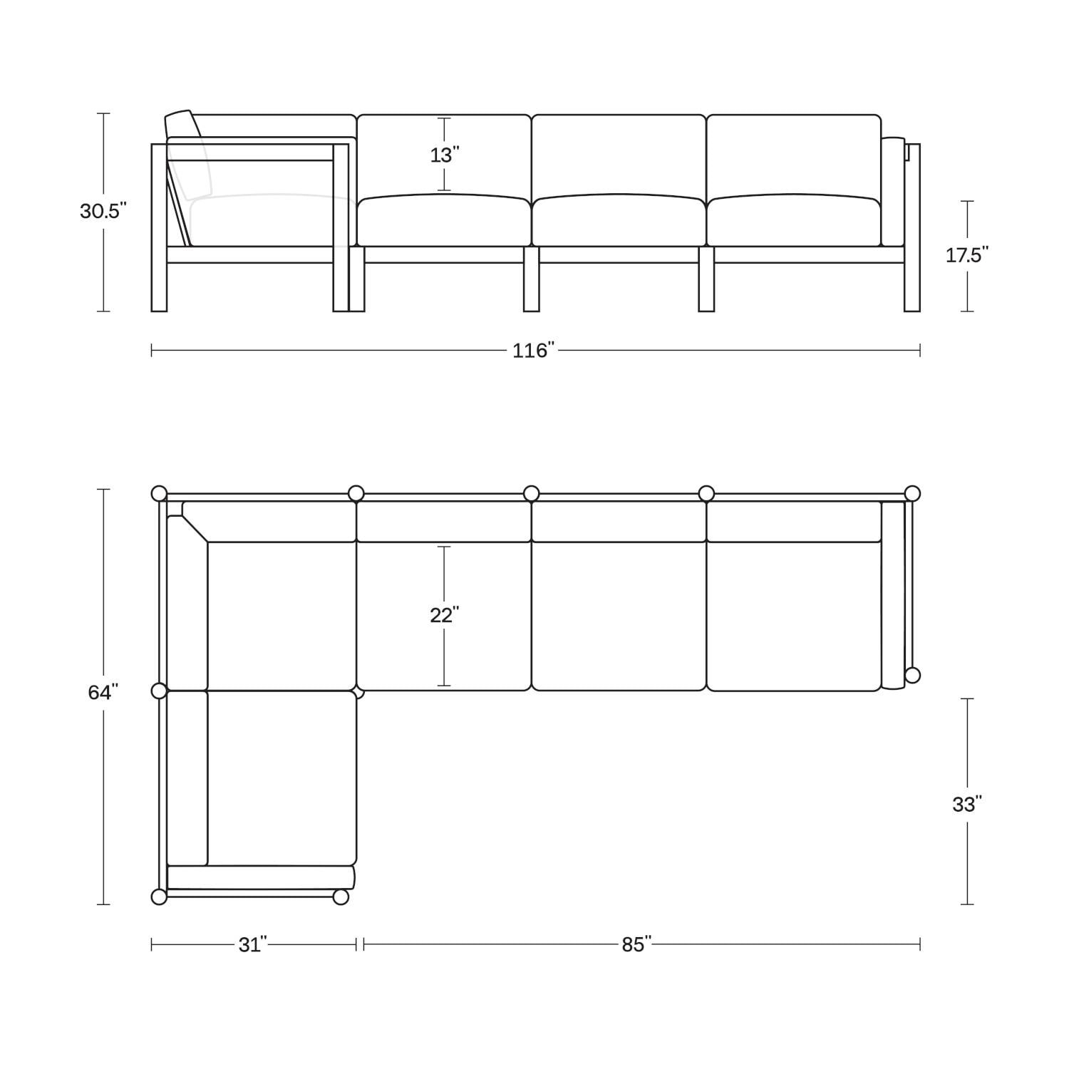Neighbor SECT5 - GR 5 Piece Sectional W/ Sunbrella Cushion Arms - Dimensions thumbnail