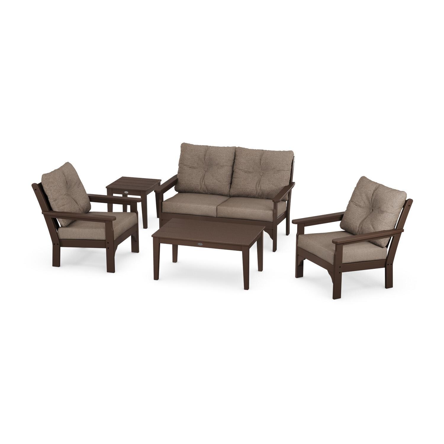 Vineyard 5 Pc Recycled Plastic Loveseat Seating Set in Mahogany/Spiced Burlap by POLYWOOD