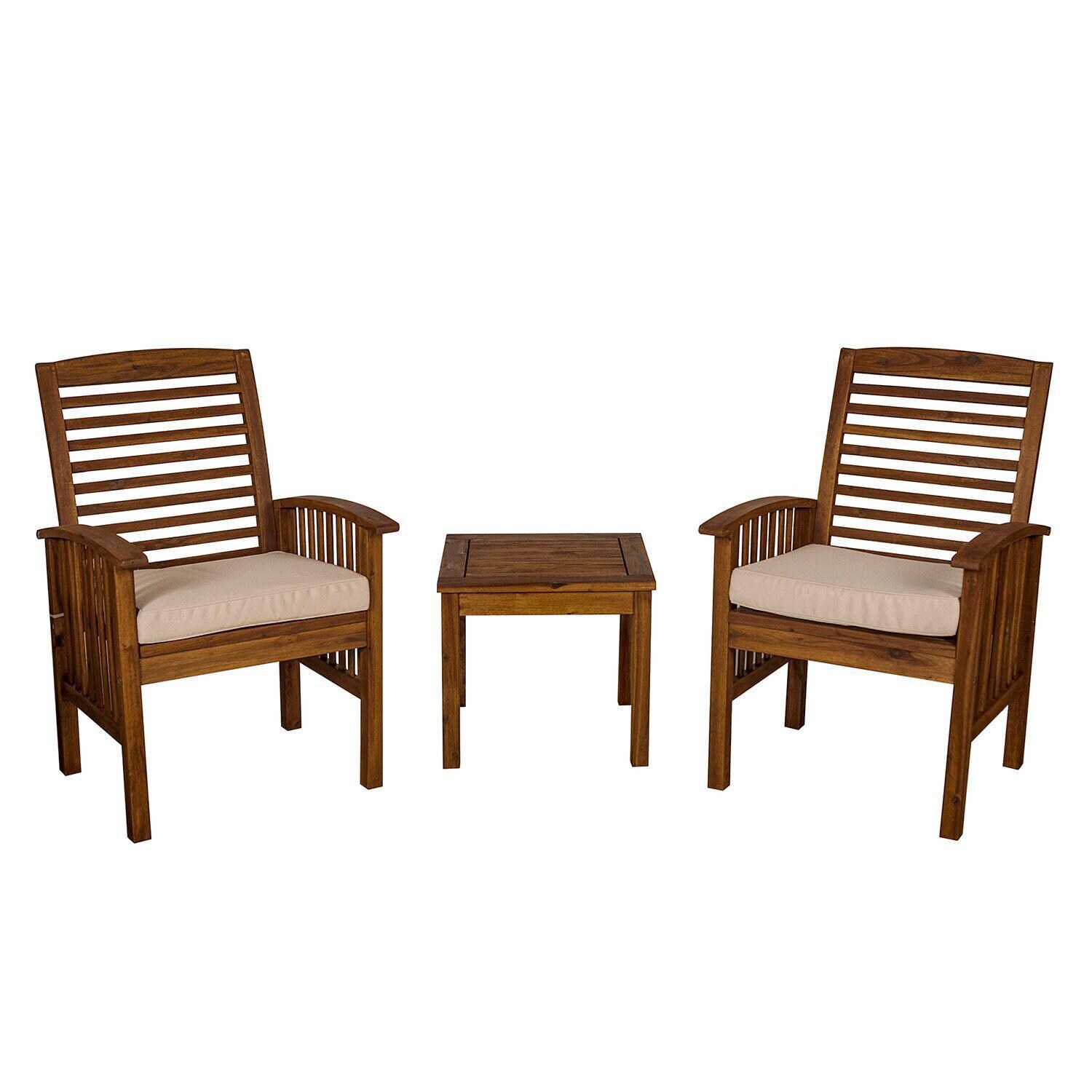 Ultimate Patio Horizon Way 3 Piece Dark Brown Acacia Patio Conversation Set W/ Natural Cushions - Front View thumbnail