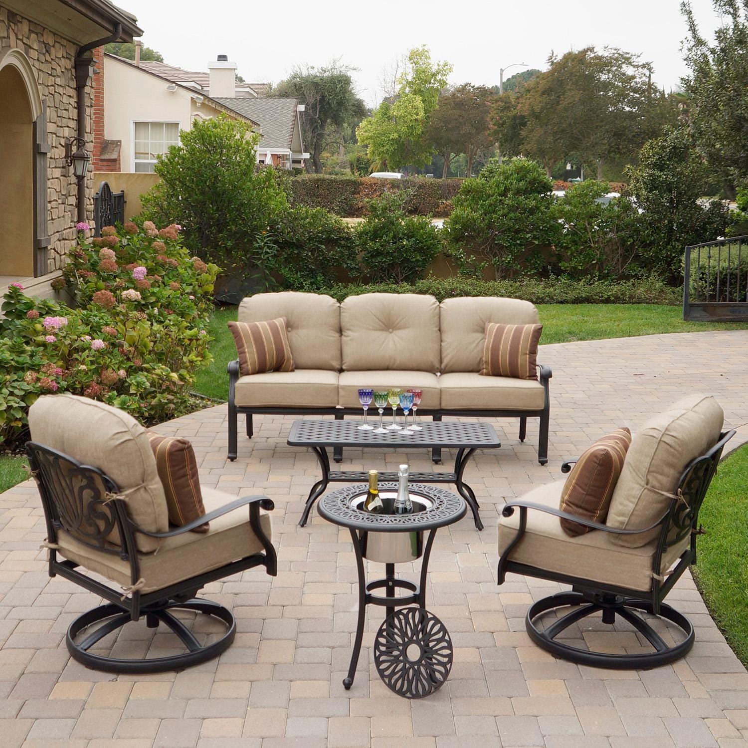 Darlee Elisabeth 5 Pc Cast Aluminum Seating Set w/ Series 30 Coffee Table & End Table in Antique Bronze/ Beige Canvas - Set - Lifestyle thumbnail