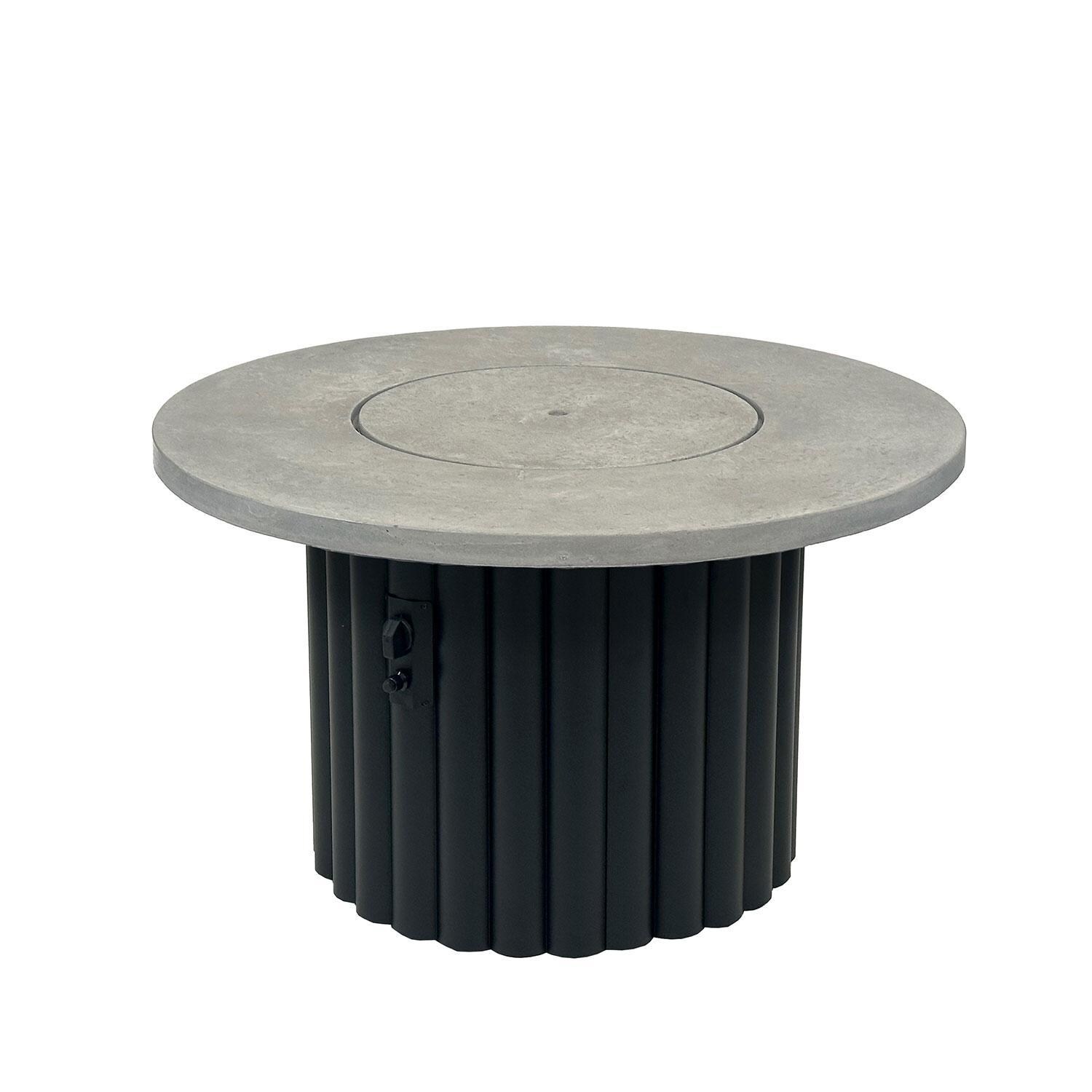 Reverie REVRBL-42-K 42-in Round Gas Fire Pit Table w/ Relic Grey Supercast Top & Black Base - Cover On - White Background thumbnail