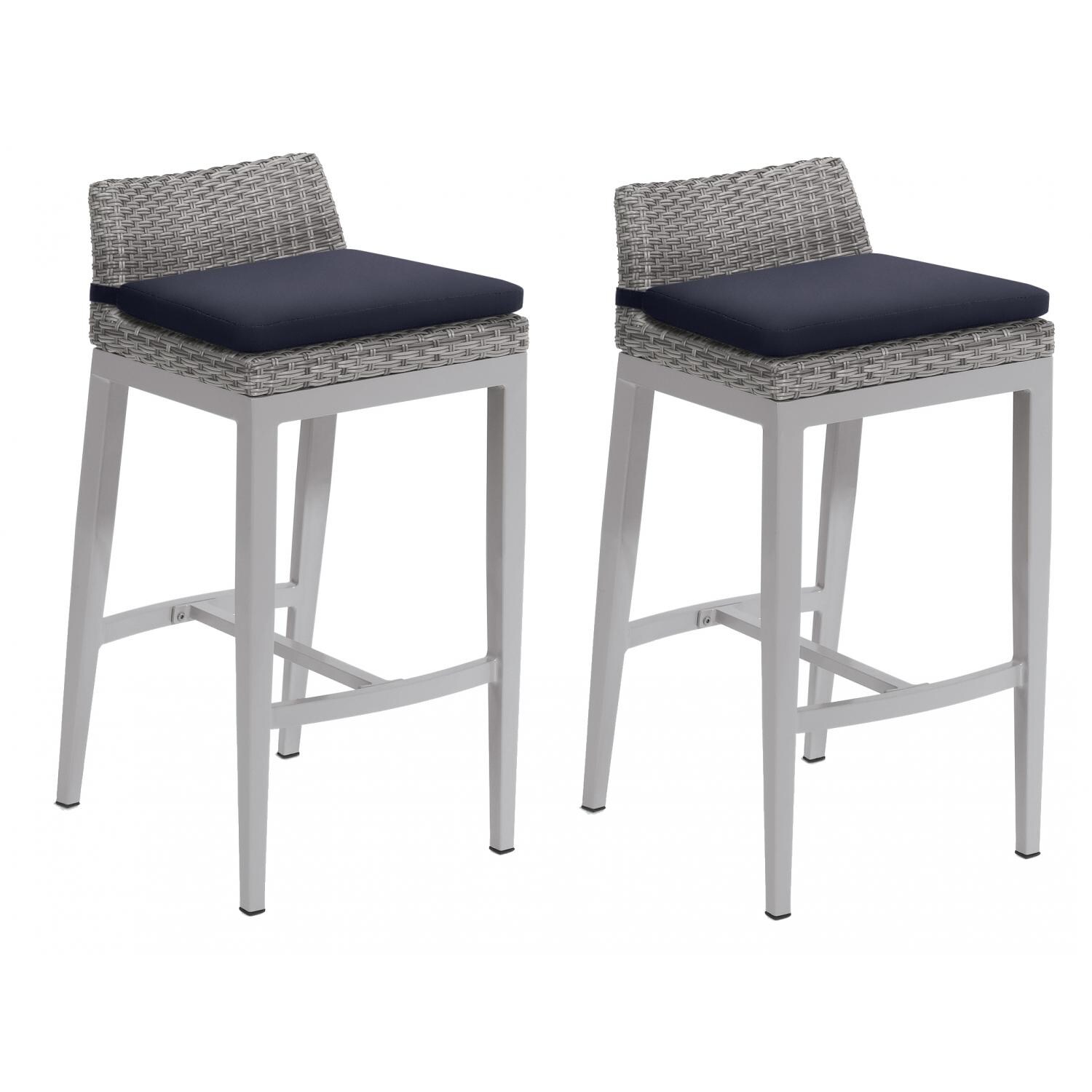 Argento 2 Pc Wicker Patio Bar Stool Set w/ Midnight Blue Cushions By Oxford Garden