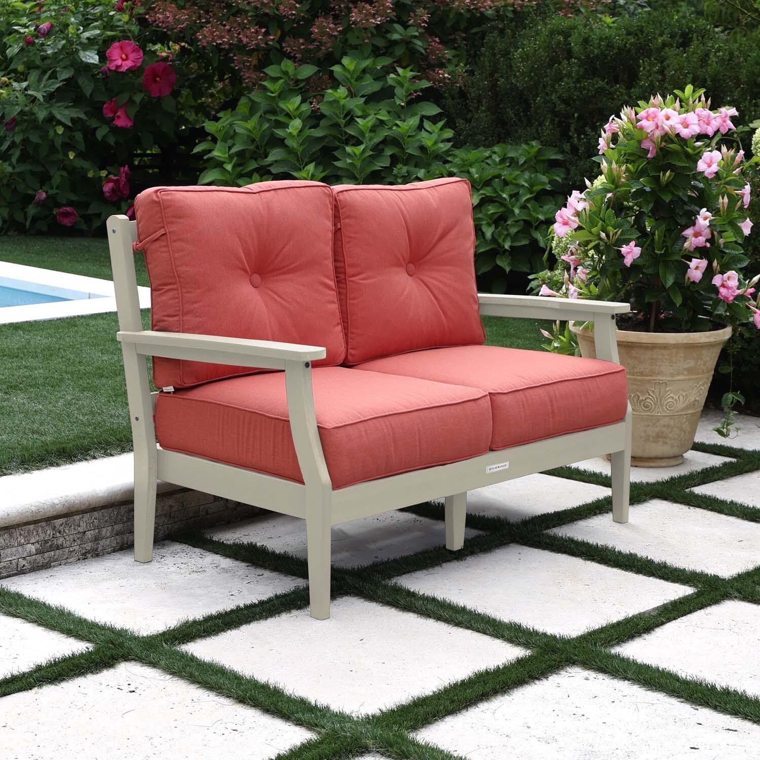 Blushing Bay 2 Person Recycled Plastic Loveseat in Canvas Persimmon/Whitewash by Lakeview Outdoor Designs - Left Angled - Lifestyle thumbnail