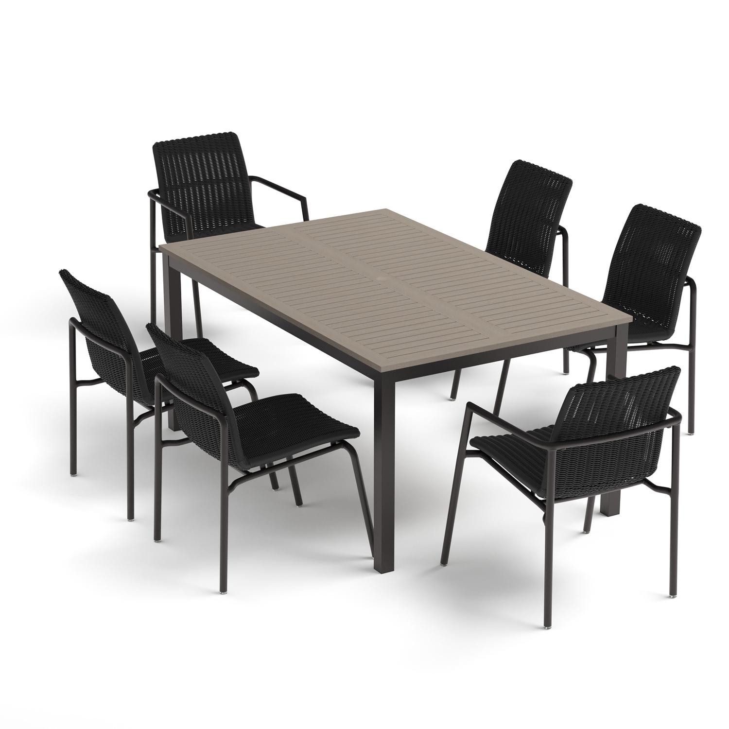Oxford Garden Orso 7 Pc Wicker & Aluminum Dining Set W/ Vintage Tekwood Table Top in Carbon/Shadow thumbnail