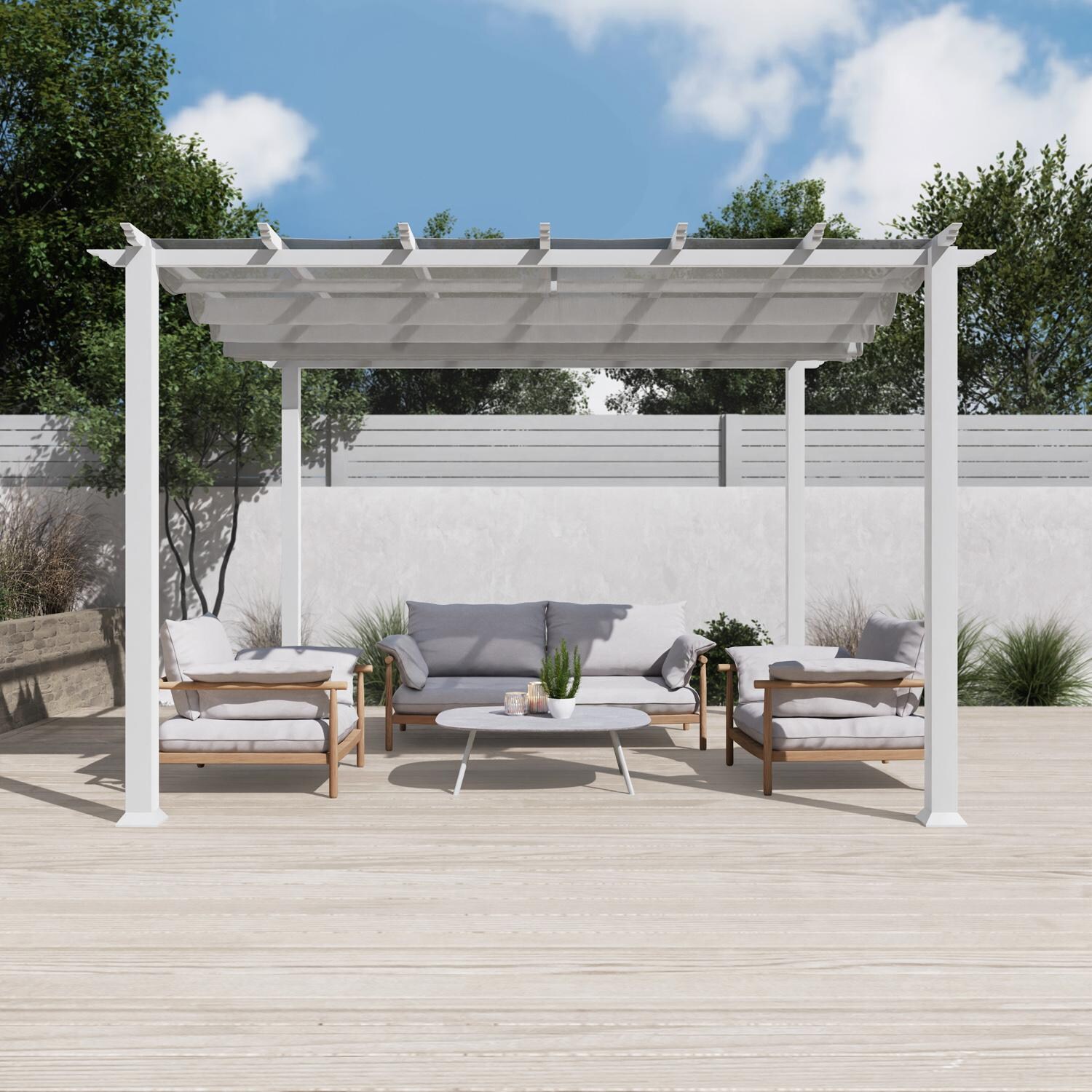 Paragon Outdoor PR11WTG Florence 11' x 11' White Pergola w/ Gray Canopy - On Patio - Lifestyle thumbnail