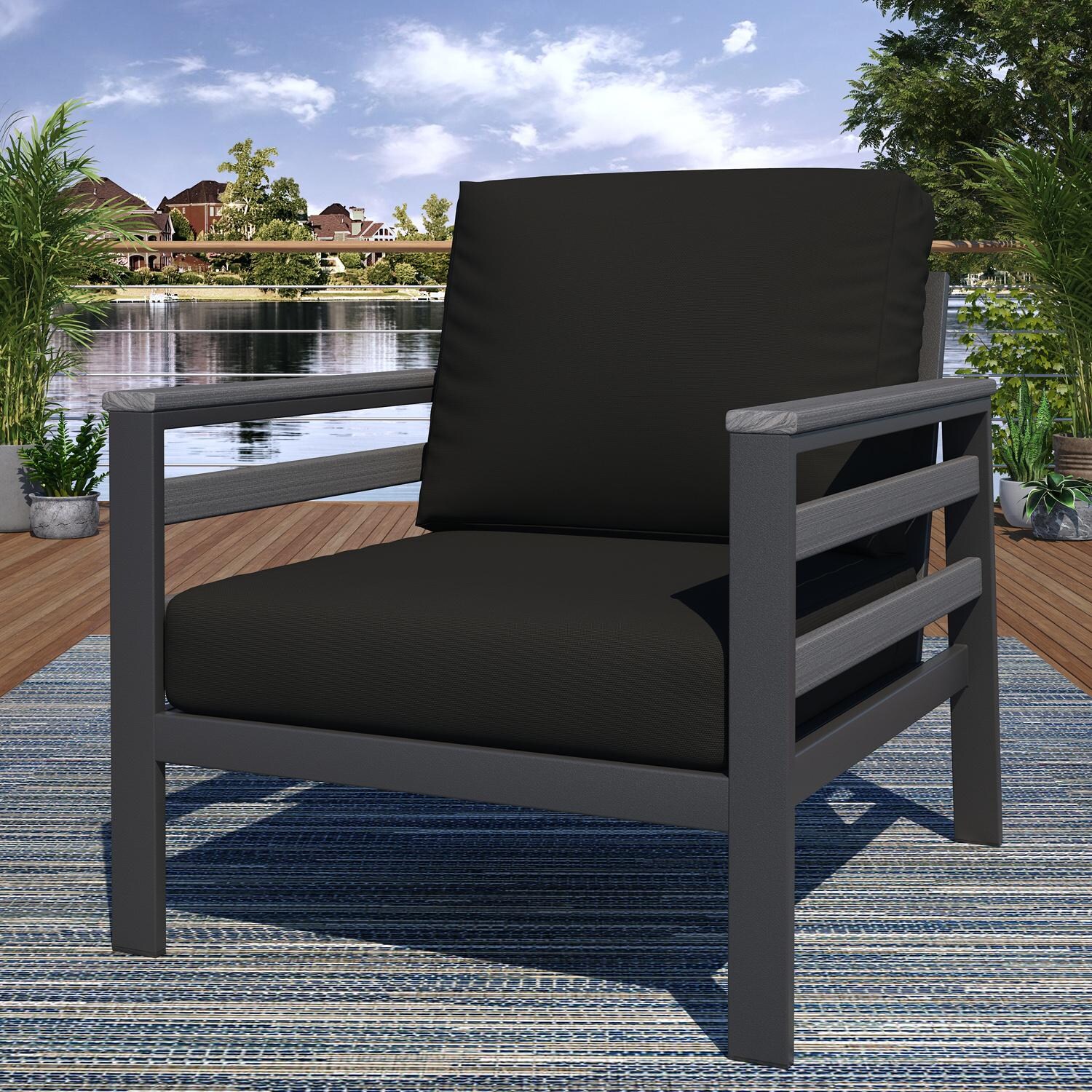 Lakeview NC6400TANGSLAT-9PC-CB Oasis Bay 9 Pc Aluminum Seating Set w/ Slat Side Panels in Gray/Canvas Black - Chair - Lifestyle thumbnail