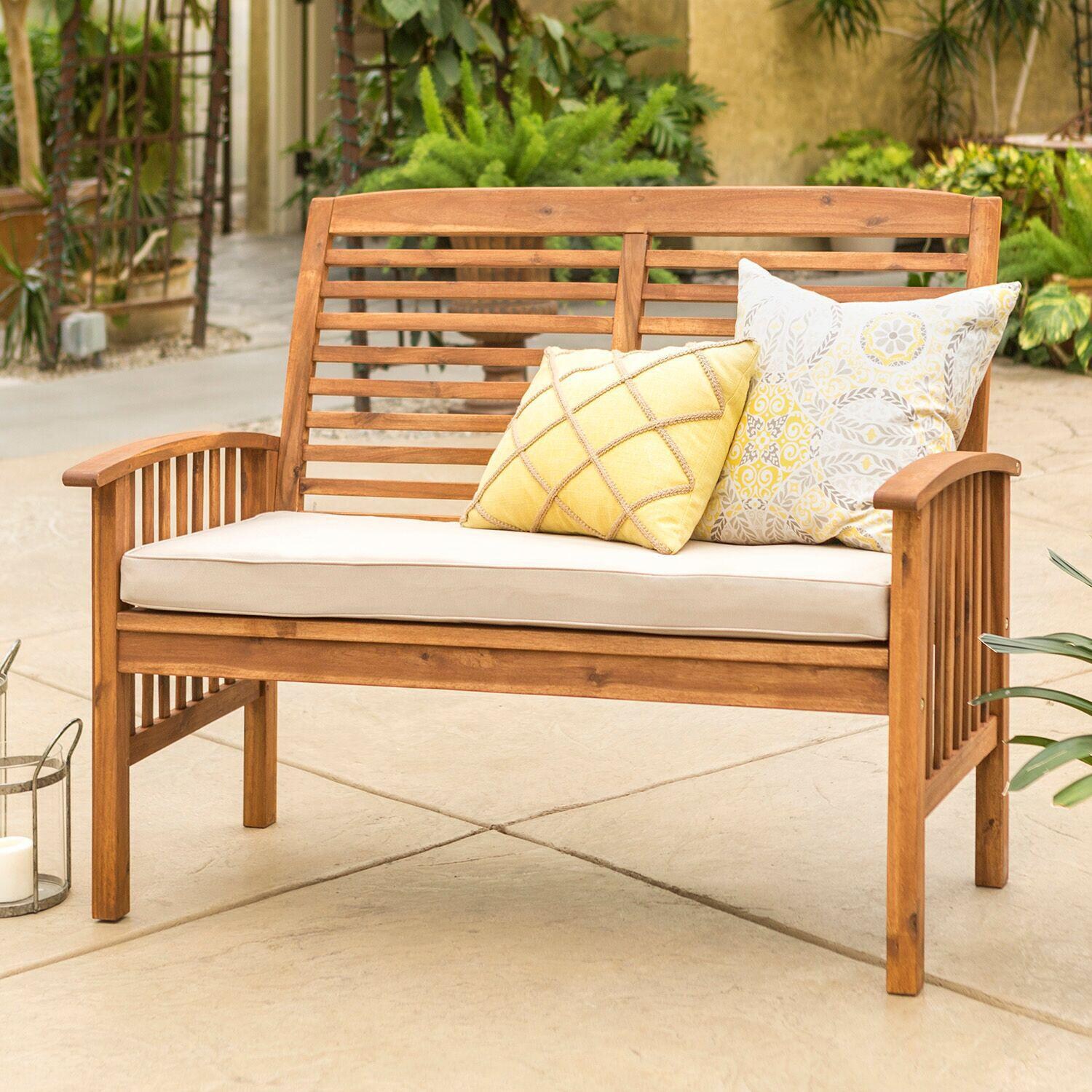 Ultimate Patio Horizon Way Brown Acacia Patio Loveseat W/ Natural Cushions - Angled View thumbnail
