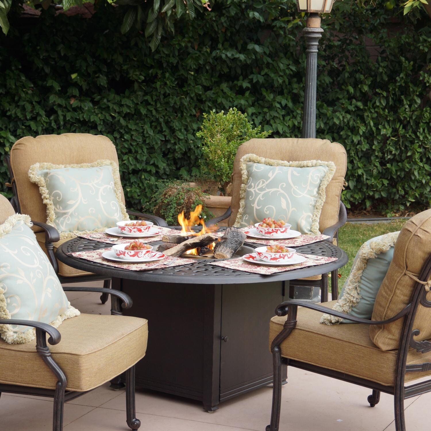Santa Monica 5 Pc Cast Aluminum Fire Pit Seating Set w/ 52 Inch Signature Table in Antique Bronze/Sesame by Darlee