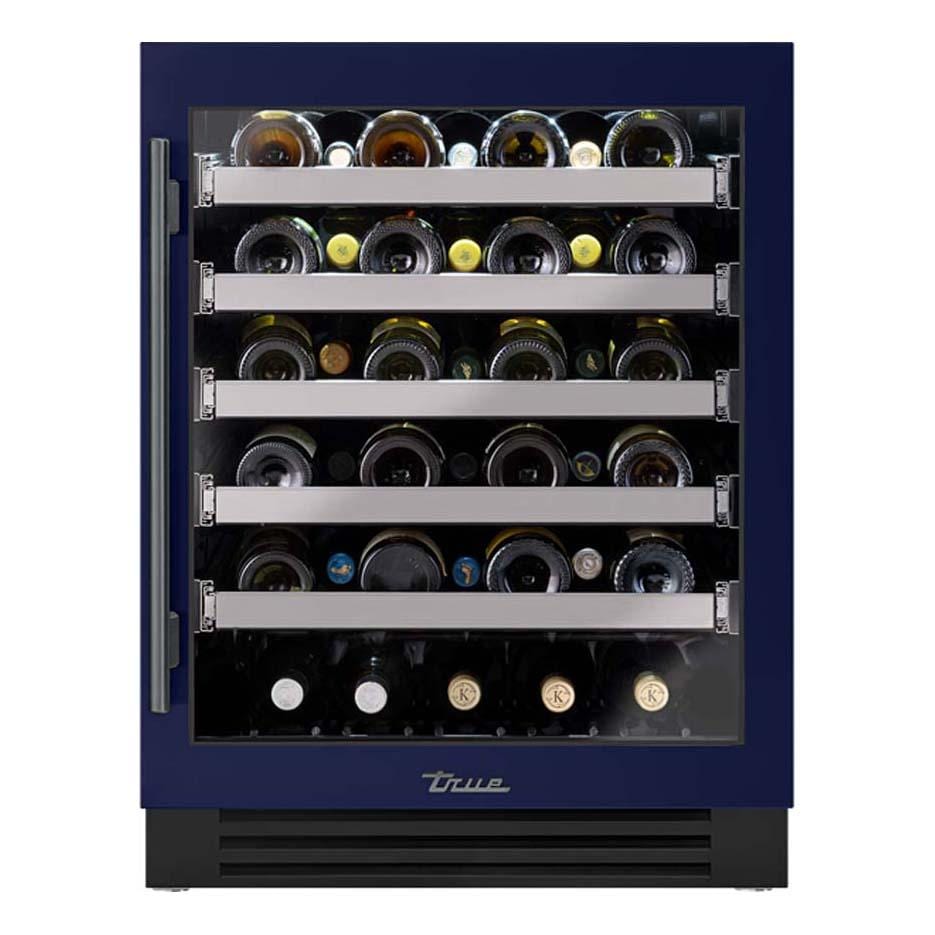 True TUWADA-24-RG-A~078-H05  ADA Height 24 Inch 40 Bottle Right Hinge Glass Door Outdoor Wine Cabinet - Cobalt w/ Pewter Handle - White Background thumbnail
