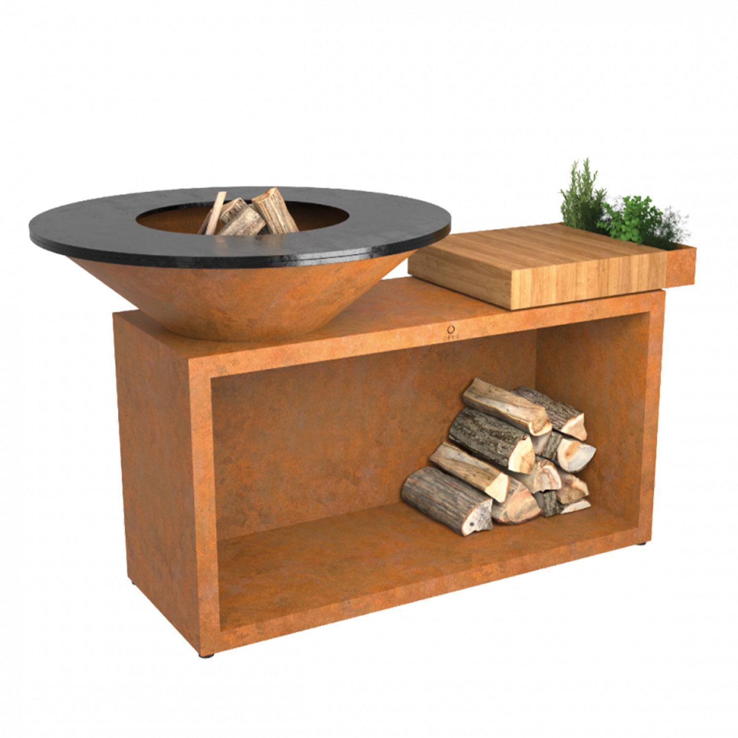 OFYR OI-100-TW Island Corten 100 Teak Wood 40 Inch Wood-Fired Flat Top Grill - Display - White Background thumbnail