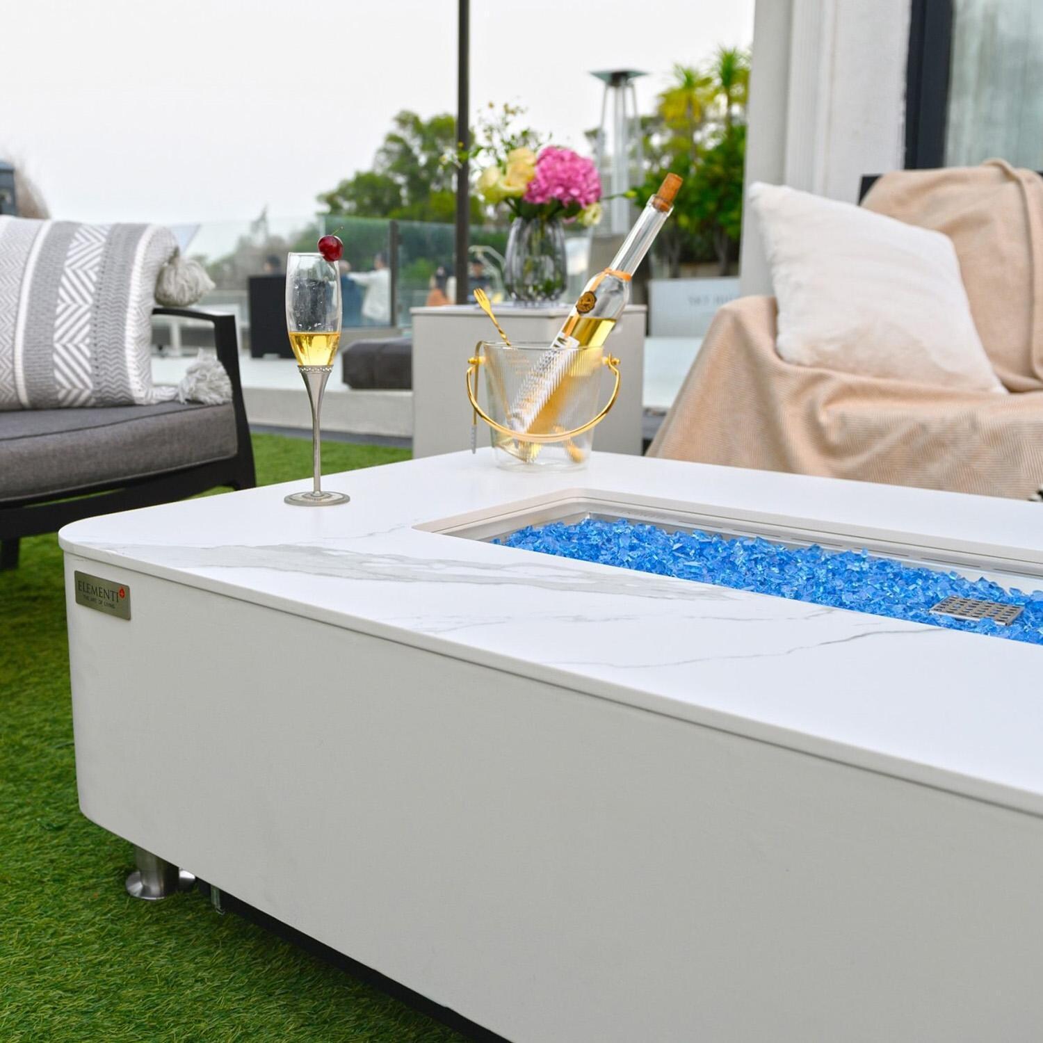 Elementi Athens 30-Inch Rectangle Porcelain Top Natural Gas Fire Pit Table - White - Close Up - Lifestyle thumbnail