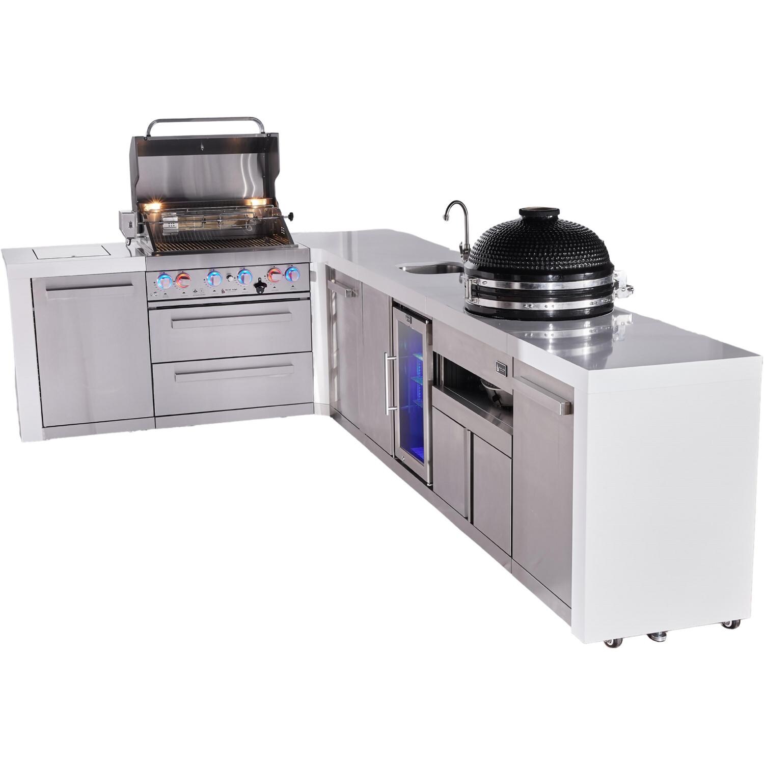 Mont Alpi Deluxe Series 12 Ft Propane Outdoor Kitchen Island w/ 32-in Grill, Side Burner, Beverage Center, Fridge, Kamado Module & Triple Drawer - MAi400-D90BEVFCKAMDR - Grill Open - White Background thumbnail