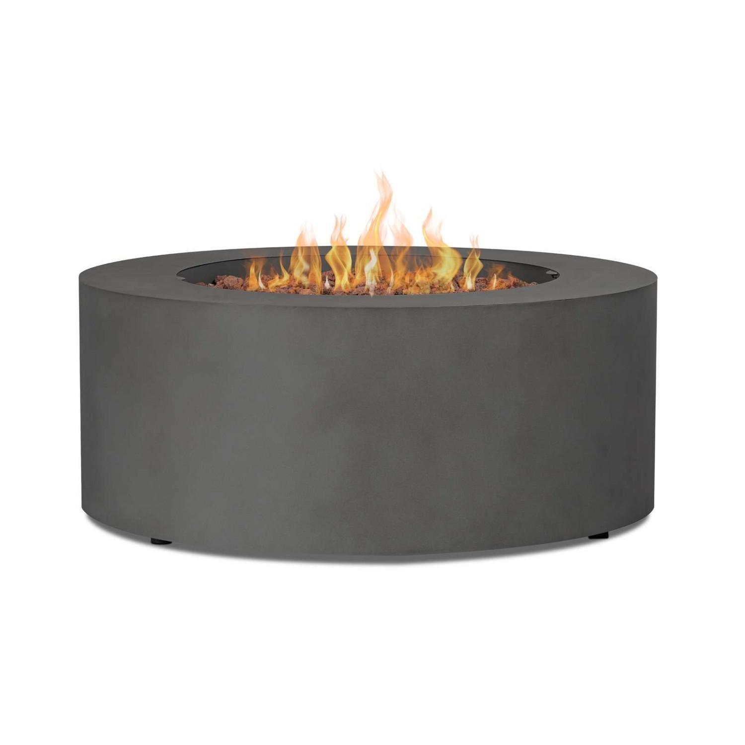 Elysian 4 Pc Powder Coated Steel 36 Inch Round Fire Pit in Weathered Slate by Lakeview - Burner Lit - White Background thumbnail